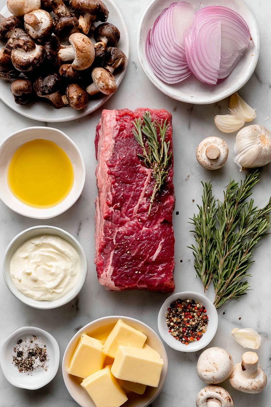 Flat lay of a raw beef tenderloin steak with a deep red color and marbling, fresh sprigs of green rosemary, three peeled garlic cloves, a small white bowl of golden extra virgin olive oil, a few thinly sliced pale purple shallots arranged neatly on a white ceramic plate, an assortment of fresh wild mushrooms torn into pieces showcasing various earthy tones, a small white bowl of smooth pale yellow salted butter, a small white bowl with creamy white heavy cream, a small white bowl filled with grated pale off-white parmesan cheese, a small white bowl containing dry white wine with a slight golden tint, and small piles of coarse kosher salt, freshly ground black pepper, and crushed red pepper flakes—all placed on a clean white marble surface, soft natural light, photo taken with an iPhone, professional food photography style, fresh ingredients, white ceramic bowls, no bottles, no duplicates, no utensils, no packaging --ar 2:3 --v 7 --p m7354615311229779997 - Rosemary Beef Tenderloin with Mushroom Cream Sauce, elegant beef tenderloin recipe, holiday beef main dish, gourmet mushroom sauce recipe, easy upscale dinner ideas