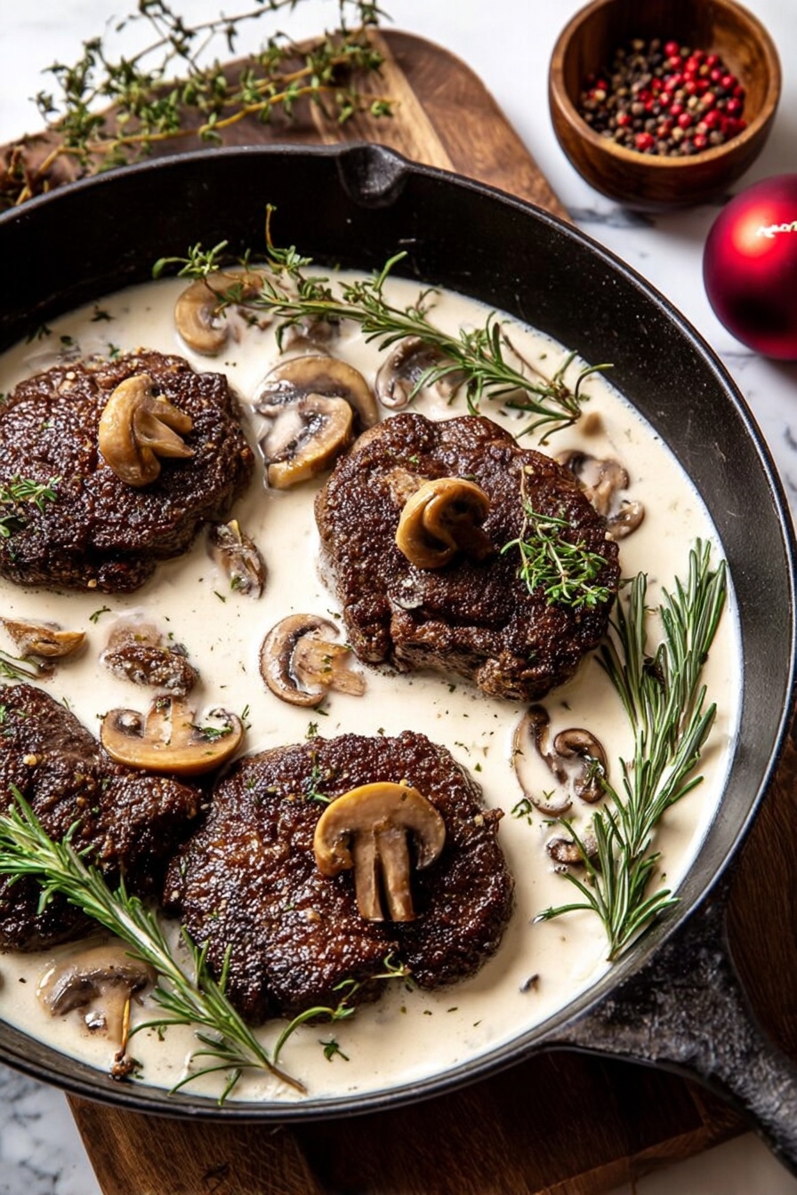 In the image, there is a black pan filled with three dark brown cooked meat pieces, slightly rough in texture, each topped with small golden-brown mushrooms. The pan is filled halfway with a smooth, creamy white sauce that surrounds the meat. Fresh green rosemary sprigs are placed on and around the meat pieces, adding a touch of color. Several mushroom slices float in the sauce, and there is coarse salt sprinkled lightly on the meat and sauce. The pan rests on a wooden board with a few red peppercorns in a small wooden bowl visible in the upper right corner, and a shiny red ornament sits in the lower right corner. The background is a white marbled surface. photo taken with an iphone --ar 2:3 --v 7 - Rosemary Beef Tenderloin with Mushroom Cream Sauce, elegant beef tenderloin recipe, holiday beef main dish, gourmet mushroom sauce recipe, easy upscale dinner ideas