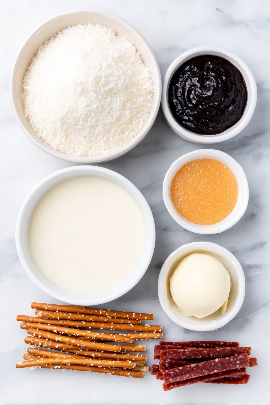 Flat lay of a large simple white ceramic bowl filled with fine shredded coconut, a small white ceramic bowl holding smooth dairy-free sweetened condensed milk, a small white ceramic bowl with melted vegan white chocolate, a small white ceramic bowl with glossy black icing, a small white ceramic bowl with bright orange icing, a neat bundle of thin golden pretzel sticks about 2 inches long, and a small pile of red candy straps each about 5 inches long, all arranged symmetrically and balanced, placed on a clean white marble surface, soft natural light, photo taken with an iPhone, professional food photography style, fresh ingredients, white ceramic bowls, no bottles, no duplicates, no utensils, no packaging --ar 2:3 --v 7 --p m7354615311229779997 - Vegan Coconut Snowman Truffles, vegan holiday treats, dairy-free festive desserts, coconut truffle recipe, Christmas vegan sweets