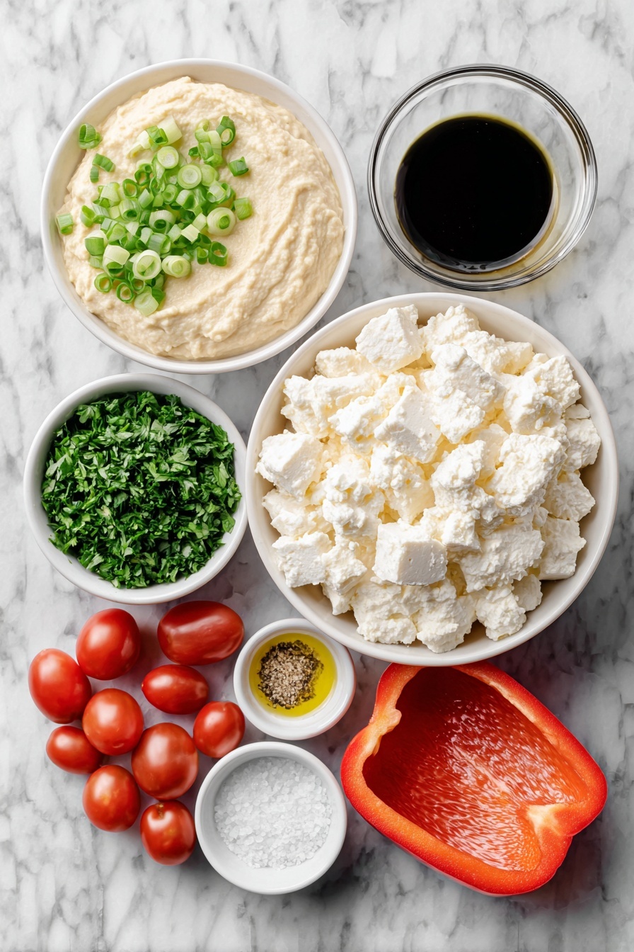 Flat lay of a small white ceramic bowl of smooth plain hummus, a small white ceramic bowl filled with crumbled reduced-fat feta cheese, a small white ceramic bowl with thinly sliced fresh green onions, a small white ceramic bowl heaped with chopped Italian flat-leaf parsley, a small white ceramic bowl holding clear extra virgin olive oil, a small white ceramic bowl with kosher salt, a cluster of halved glossy red cherry tomatoes, and a broad, flat side of a large bright red bell pepper slice placed flat, all arranged in perfect symmetry on a clean white marble surface, soft natural light, photo taken with an iPhone, professional food photography style, fresh ingredients, white ceramic bowls, no bottles, no duplicates, no utensils, no packaging --ar 2:3 --v 7 --p m7354615311229779997 - Hummus Wreath Christmas Appetizer, festive holiday appetizers, easy holiday starters, colorful Christmas snacks, vegan party appetizer