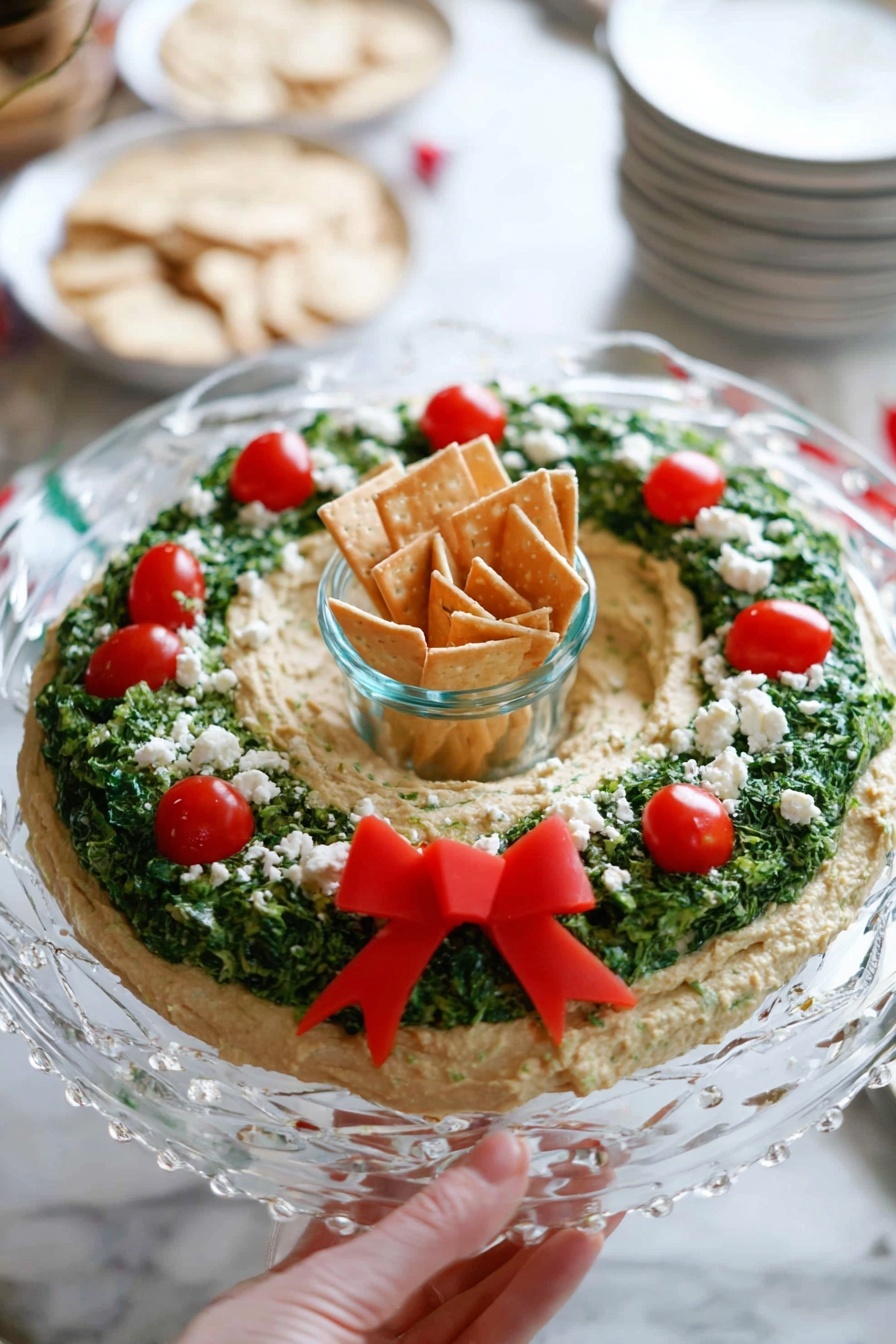 The image shows a circular ring of creamy beige hummus spread on a clear glass plate with a textured edge. The hummus forms the base layer with a hollow center, shaped like a wreath. On top of this, there is a layer of finely chopped dark green parsley arranged in a circular band, leaving the middle and outer edges of the hummus visible. Bright red cherry tomatoes are placed evenly around the wreath among the parsley. Small white crumbles of feta cheese are scattered over the parsley and tomatoes, adding texture and contrast. At the bottom of the wreath, there is a bow shape made from a smooth, vibrant red vegetable slice that stands out against the green and beige colors. In the background on a white marbled surface, there are beige pita chips scattered and some in a clear bowl. Photo taken with an iphone --ar 2:3 --v 7 - Hummus Wreath Christmas Appetizer, festive holiday appetizers, easy holiday starters, colorful Christmas snacks, vegan party appetizer