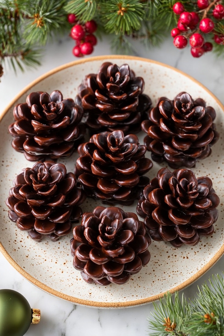 Seven chocolate treats shaped like pine cones are arranged on a white plate with brown speckles. Each pine cone has many small, curved layers that resemble pine cone scales, with a shiny dark brown color and a slightly lighter brown edge on each layer. The plate rests on a white marbled surface, and holiday decorations such as green pine branches, red berries, and a green ornament surround the plate. The scene is bright and festive, giving a cozy feeling. photo taken with an iphone --ar 2:3 --v 7 - Viral Pine Cone Brownie Bites, pine cone brownie treats, chocolate brownie bites, holiday dessert ideas, cute dessert recipes