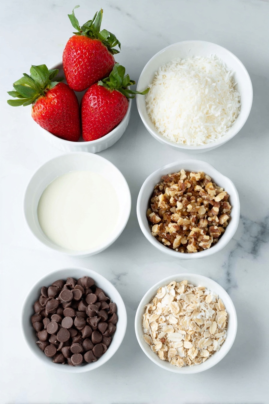 Flat lay of fresh strawberries with stems attached, a handful of smooth bittersweet chocolate baking chips in a small white ceramic bowl, another small white bowl filled with shredded coconut flakes, a small white bowl of crushed nuts, all arranged in perfect symmetry and balanced proportions, placed on a clean white marble surface, soft natural light, photo taken with an iPhone, professional food photography style, fresh ingredients, white ceramic bowls, no bottles, no duplicates, no utensils, no packaging --ar 2:3 --v 7 --p m7354615311229779997 - Chocolate Covered Strawberries for Christmas, Christmas chocolate strawberries, festive holiday strawberries, holiday treat ideas, Christmas dessert recipes