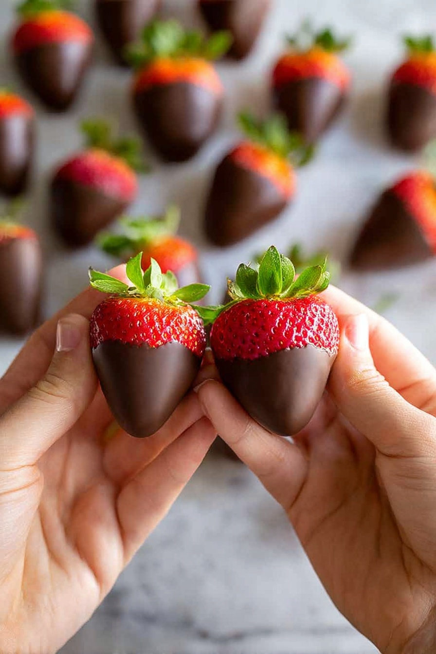 A pair of woman's hands hold two large strawberries that are half dipped in smooth, dark chocolate, showing bright red tops with green leaves while the chocolate covers the lower half with a shiny texture. In the blurred background, many more chocolate-covered strawberries are scattered on a white marbled surface, each with the same glossy dark chocolate layer and vibrant red upper part with green leaves visible. The focus is on the strawberries in the woman's hands, highlighting the contrast between the rich chocolate and the fresh fruit. photo taken with an iphone --ar 2:3 --v 7 - Chocolate Covered Strawberries for Christmas, Christmas chocolate strawberries, festive holiday strawberries, holiday treat ideas, Christmas dessert recipes