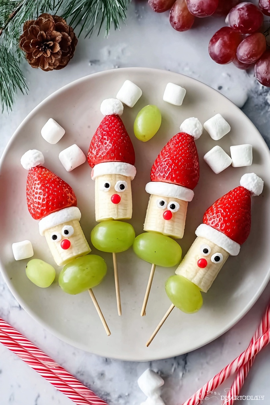 This image shows a white round plate holding seven festive fruit skewers designed to look like Santa Claus faces. Each skewer has three layers: at the bottom is a green grape, followed by a middle section with a half banana piece decorated with two small black and white candy eyes and one red candy nose on some skewers, and topped with a red strawberry hat. Between the strawberry and the grape or banana, there is a small white banana slice acting as Santa's hat brim. On top of the strawberry sits a small white marshmallow as the hat's pompom. The plate rests on a dark wooden surface with Christmas decorations around, including pine cones, red ribbons, candy canes, and scattered mini marshmallows. The photo taken with an iphone --ar 2:3 --v 7 - Festive Fruit Kabobs for Christmas, Christmas fruit skewers, holiday fruit appetizers, easy Christmas snack ideas, healthy holiday treats