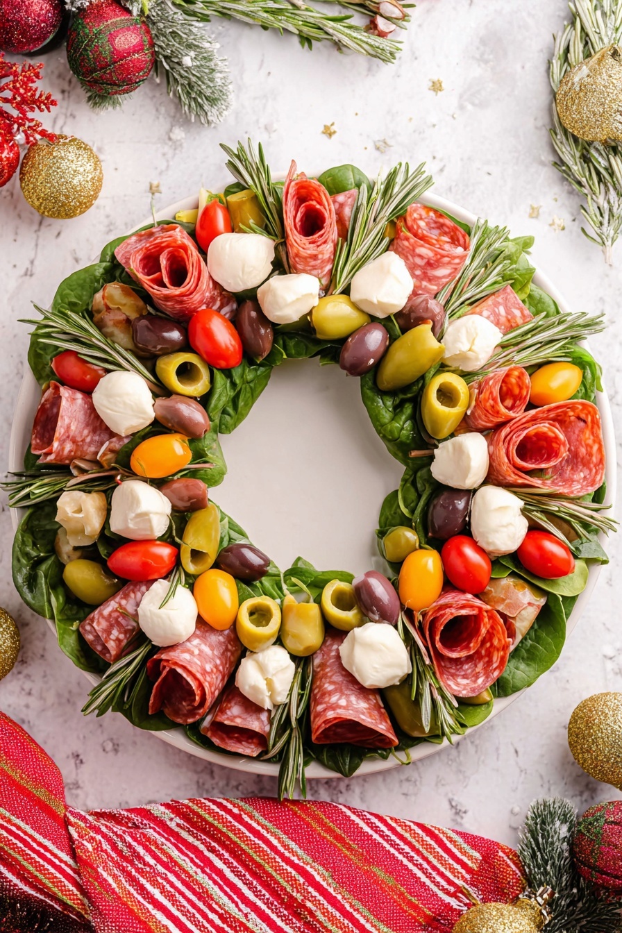 A white round plate holds a festive wreath made of several layers arranged in a circle. The base layer has green spinach leaves and rosemary sprigs sticking out evenly all around. On top, there are small white mozzarella balls, red cherry tomatoes, yellow pepperoncini, and light-colored artichoke hearts scattered evenly. Rolled slices of red salami and pepperoni form small cones or curls, placed regularly around the wreath. Green and black olives are tucked between the other ingredients. The whole arrangement sits on a white marbled surface with some holiday decorations and a red striped cloth nearby. photo taken with an iphone --ar 2:3 --v 7 - Antipasto Wreath with Salami and Olives, festive appetizer ideas, easy antipasto platter, holiday party appetizer, Italian appetizer recipes