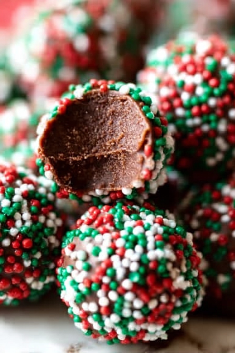 A close-up image features several round chocolate balls covered in small red, green, and white candy sprinkles arranged together on a white marbled surface. The front chocolate ball has a single bite taken out, showing a smooth and dense dark brown chocolate inside with a slightly textured surface from the bite mark. The colorful sprinkles have a matte, slightly rough texture contrasting with the glossy chocolate beneath. The background is softly blurred, focusing mainly on the detailed textures and colors of the chocolate balls. photo taken with an iphone --ar 2:3 --v 7 - Christmas Chocolate Truffles, holiday chocolate treats, homemade festive truffles, easy Christmas desserts, decadent holiday candies