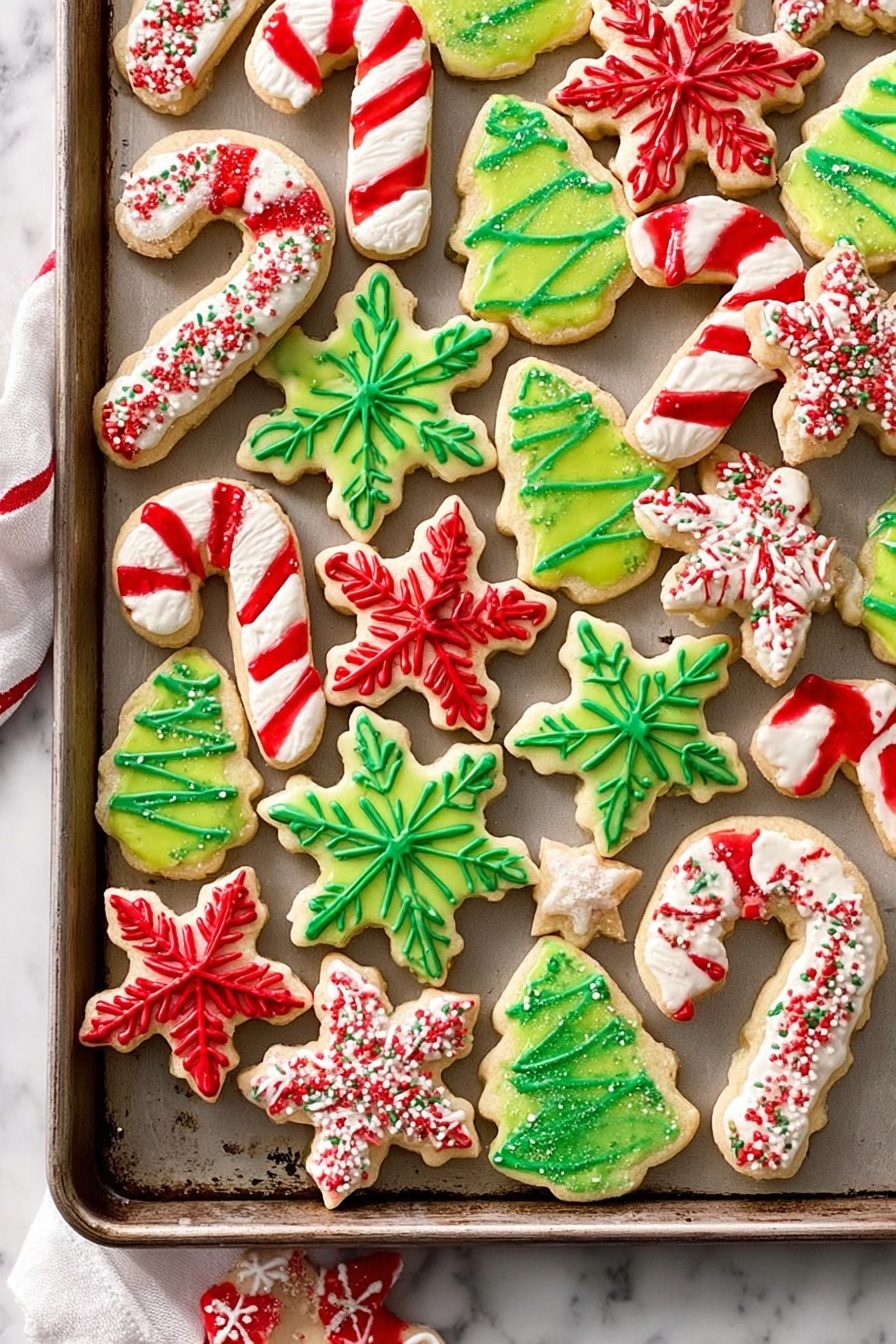 The image shows a tray full of colorful Christmas cookies arranged randomly on a baking sheet placed on a white marbled surface. There are three main shapes: snowflakes, stars, and candy canes, along with green Christmas tree shapes. The snowflake cookies have a white base with red or green icing forming their intricate snowflake patterns. The star-shaped cookies are filled with either green or red icing, each with a zigzag of white icing on top. The candy cane cookies are white with red stripes, and the Christmas tree cookies are green with white or red icing shaped like garlands or decorations. The colors are bright and festive, creating a joyful holiday feeling. photo taken with an iphone --ar 2:3 --v 7 - Vanilla Sugar Cookies, classic sugar cookies, easy sugar cookie recipe, buttery vanilla cookies, holiday sugar cookies