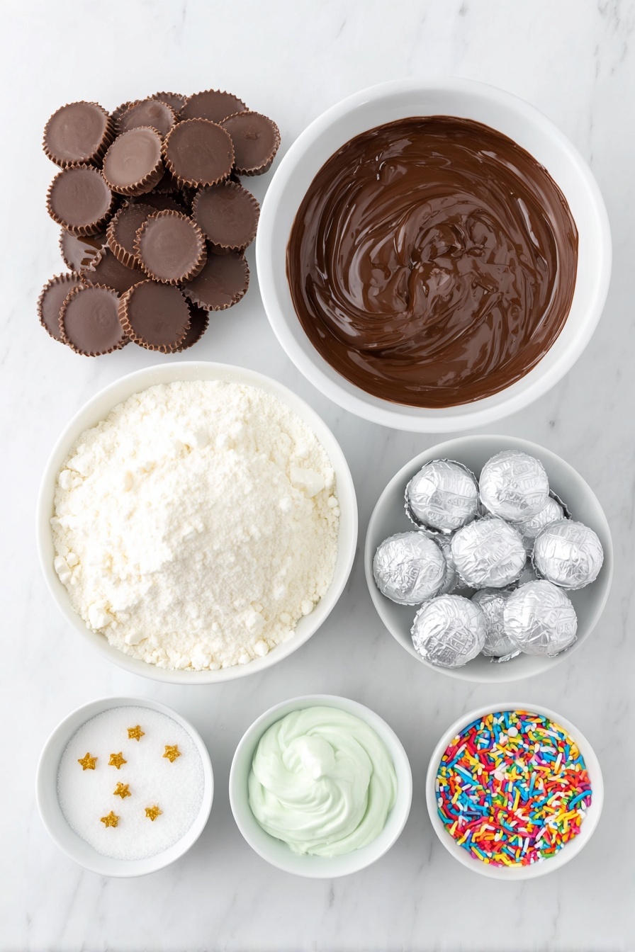 Flat lay of a small white ceramic bowl of glossy melted chocolate, a neat pile of unwrapped mini Reese’s peanut butter cups, a stack of unwrapped regular Reese’s peanut butter cups flipped upside down, a cluster of shiny silver Hershey’s kisses, small white ceramic bowls filled separately with white and green decorating icing, a small white ceramic bowl of mixed colorful sprinkles, a small white ceramic bowl with tiny gold star-shaped decorations, a small mound of fine white confectioners’ sugar dusted lightly nearby, all perfectly arranged symmetrically on a clean white marble surface, soft natural light, photo taken with an iPhone, professional food photography style, fresh ingredients, white ceramic bowls, no bottles, no duplicates, no utensils, no packaging --ar 2:3 --v 7 --p m7354615311229779997 - Reese's Christmas Tree Treats, Christmas Tree Treats recipe, holiday dessert ideas, festive chocolate treats, easy Christmas desserts
