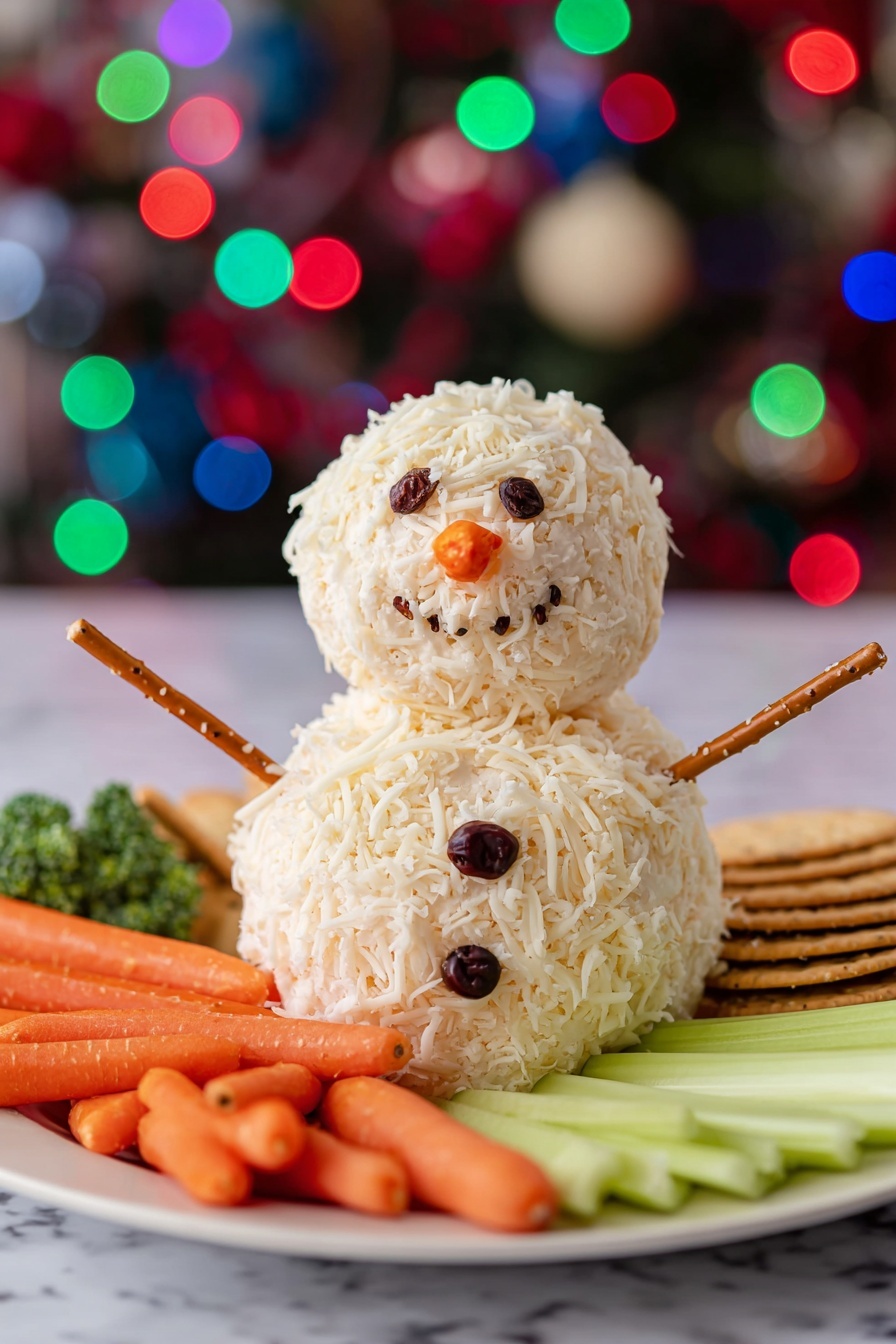 The dish shows a two-layer snowman made of shredded cheese balls. The bottom layer is a bigger round ball covered in light yellow shredded cheese, decorated with three dark raisins as buttons down the center front. The top layer is a smaller cheese ball on top, with two dark cloves for eyes, a small orange carrot piece for the nose, and a smile made from several cloves. On each side of the middle layer, there is a pretzel stick placed as arms. Around the snowman, there are fresh orange baby carrots, light green celery sticks, and round whole-grain crackers. The whole setup is on a white plate placed on a white marbled surface. Photo taken with an iphone --ar 2:3 --v 7 - Snowman Cheeseball with Gouda and Cream Cheese, festive cheeseball appetizer, holiday cheese ball recipe, cute Christmas cheese ball, easy party appetizer