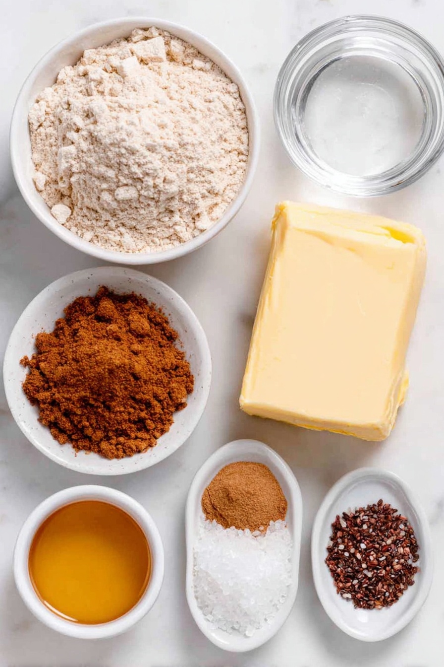 Flat lay of a small mound of light brown spelt flour dusted lightly around its edges, a chilled square block of pale yellow vegan butter, a small white ceramic bowl filled with golden maple syrup, another small white bowl containing coarse coconut sugar crystals, a tiny white bowl holding clear water, a neat pile of ground cinnamon powder, a small heap of ground ginger powder, a compact mound of warm brown ground nutmeg, a scattering of tiny dark chia seeds, a pinch of fine white baking soda powder, and a pinch of fine salt crystals, all arranged symmetrically on a clean white marble surface, soft natural light, photo taken with an iPhone, professional food photography style, fresh ingredients, white ceramic bowls, no bottles, no duplicates, no utensils, no packaging --ar 2:3 --v 7 --p m7354615311229779997 - Vegan Gingerbread Cookies with Maple Syrup, vegan gingerbread cookies, sugar-free holiday cookies, dairy-free gingerbread, vegan holiday baking