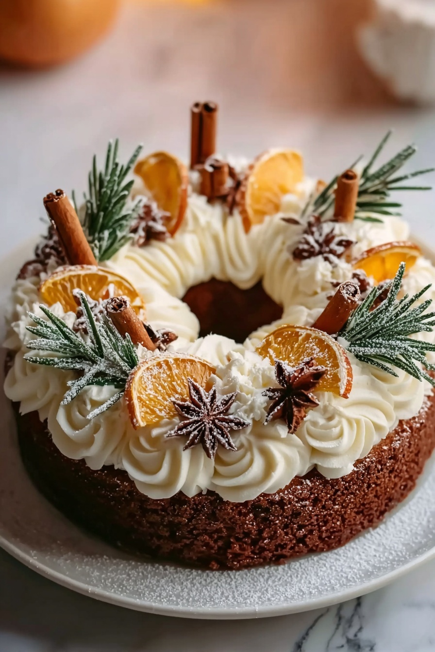 A round wreath-shaped cake sits on a white plate over a white marbled surface. The cake base is dark brown with a textured finish. On top, there is a thick ring of white cream piped in soft swirls covering the entire surface. The cream is decorated with orange slices that are slightly translucent, brown star anise pieces, whole cinnamon sticks, and green rosemary sprigs. A light dusting of powdered sugar is scattered mainly over the spices and rosemary, creating a snowy effect. The background is softly blurred with warm tones. photo taken with an iphone --ar 2:3 --v 7 - Spiced Gingerbread Wreath Cake Holiday Dessert Easy Festive Christmas Gingerbread Cake