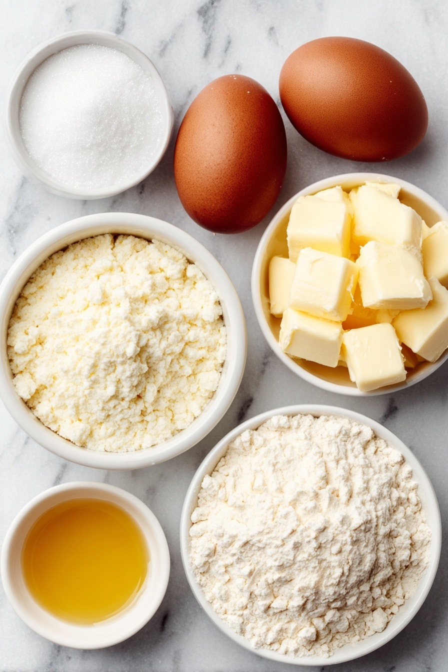 Flat lay of four whole uncracked brown eggs, a small white ceramic bowl filled with fine white powdered sugar, a small white ceramic bowl with pale beige cake flour, a tiny pinch of baking powder displayed as a small heap on white ceramic dish, and a small white ceramic bowl containing light golden vanilla extract liquid, placed on a clean white marble surface, soft natural light, photo taken with an iPhone, professional food photography style, fresh ingredients, white ceramic bowls, no bottles, no duplicates, no utensils, no packaging --ar 2:3 --v 7 --p m7354615311229779997 - Springerle Cookies, Springerle Cookies Recipe, embossed cookies, traditional German cookies, holiday cookie recipes