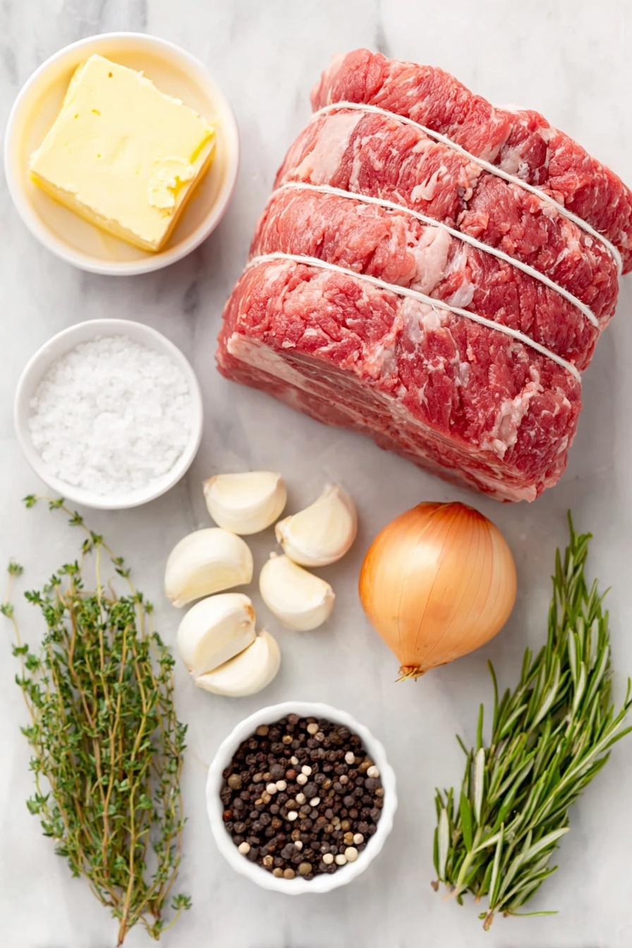Flat lay of a fresh bone-in prime rib roast tied with kitchen twine, a small white ceramic bowl of softened butter, six peeled garlic cloves arranged neatly, a small white bowl filled with coarse kosher salt, a few sprigs of fresh thyme, a few sprigs of fresh rosemary, a small white bowl of freshly cracked black peppercorns, and a quartered yellow onion, all placed symmetrically on a clean white marble surface, soft natural light, photo taken with an iPhone, professional food photography style, fresh ingredients, white ceramic bowls, no bottles, no duplicates, no utensils, no packaging --ar 2:3 --v 7 --p m7354615311229779997 - Garlic Herb Prime Rib, Prime Rib Roast with Garlic and Herbs, Juicy Prime Rib Recipes, Holiday Prime Rib, Perfect Prime Rib Cooking Tips