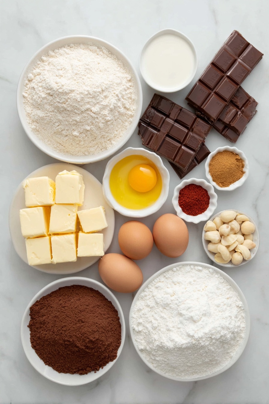 Flat lay of fresh cubed butter, plain white flour in a small white ceramic bowl, four whole uncracked brown eggs, full-fat milk in a small white ceramic bowl, six separate yellow egg yolks in a small white ceramic dish, a small white ceramic bowl of caster sugar, a small white ceramic bowl of cornflour, ground cinnamon and ground nutmeg each as small white ceramic bowls with fine brown and beige powders, a small white ceramic bowl of double cream, broken pieces of milk chocolate with a shiny surface, smooth white chocolate pieces, loose blanched hazelnuts with skins removed, and red food coloring paste in a tiny white ceramic bowl, all arranged in perfect symmetry on a simple white ceramic plate, placed on a clean white marble surface, soft natural light, photo taken with an iPhone, professional food photography style, fresh ingredients, white ceramic bowls, no bottles, no duplicates, no utensils, no packaging --ar 2:3 --v 7 --p m7354615311229779997 - Christmas Choux Wreath with Creme Patisserie, festive dessert, holiday pastry, Christmas wreath cake, gourmet holiday sweet