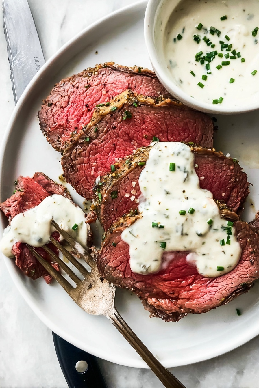 A white plate holds three thick slices of red, juicy cooked meat with a pepper and herb crust, arranged close together. Each slice shows a dark brown edge with a moist, tender pink center and is topped with a thick, creamy white sauce sprinkled with small green chive pieces. A fork with a piece of meat covered in sauce is placed at the bottom left on the plate, and a small white bowl with more creamy sauce and green chives is partially visible next to the meat. The plate rests on a white marbled surface with a black-handled knife nearby. photo taken with an iphone --ar 2:3 --v 7 - Herbed Garlic Butter Beef Tenderloin, Beef Tenderloin with Garlic Herb Butter, Juicy Beef Roast, Elegant Beef Dinner, Holiday Beef Main Course