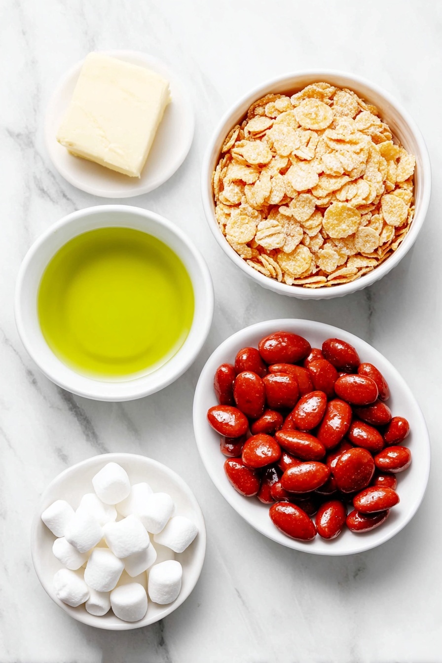 Flat lay of a small stack of golden cornflakes, a few mini white marshmallows scattered nearby, a small white ceramic bowl filled with melted golden butter, a few drops of vibrant green gel food coloring on a white ceramic dish, and a neat pile of small, bright red cinnamon candies arranged symmetrically, placed on a clean white marble surface, soft natural light, photo taken with an iPhone, professional food photography style, fresh ingredients, white ceramic bowls, no bottles, no duplicates, no utensils, no packaging --ar 2:3 --v 7 --p m7354615311229779997 - Green Cornflake Wreaths for Christmas, Christmas cornflake wreaths, festive holiday treats, easy Christmas cookie ideas, holiday dessert recipes