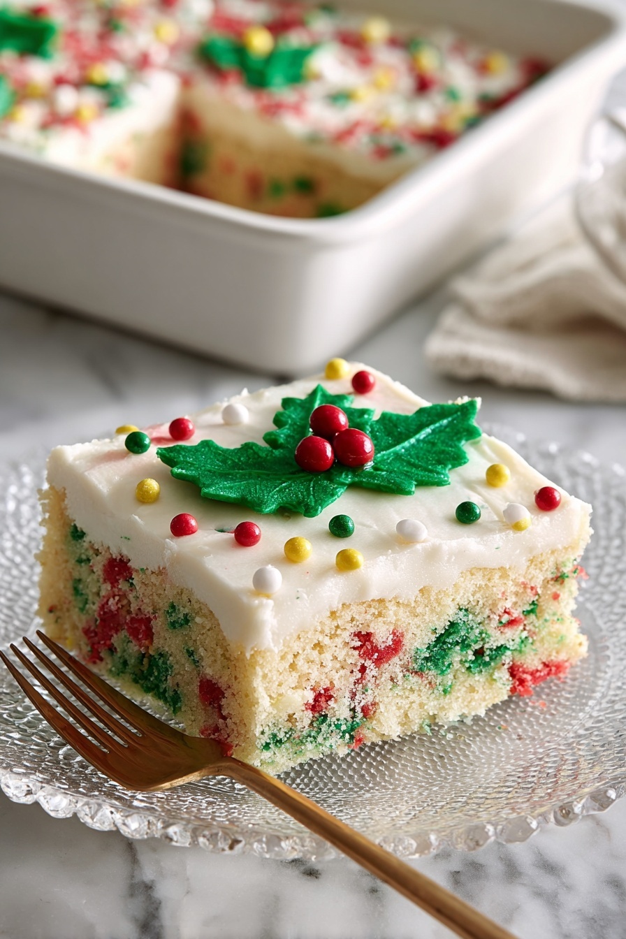 A single square piece of festive cake sits on a clear glass plate with a decorative edge, placed on a white marbled surface. The cake has two main layers; the bottom layer is a light, fluffy vanilla cake mixed with red and green sprinkles, creating a colorful speckled texture inside the cake. The top layer is a thick, smooth white frosting spread evenly, decorated with a large green holly leaf made of frosting with small red and yellow candy berries on it. Around the edges of the frosting top are red and green sprinkles mixed with tiny white frosting dots. In the background, a white baking pan holds the rest of the cake with a similar festive appearance. A gold fork lies next to the plate on the white marble surface. photo taken with an iphone --ar 2:3 --v 7 - Festive Christmas Sheet Cake with Buttercream Frosting, Christmas cake with colorful decorations, holiday sheet cake recipe, easy Christmas dessert, holiday party cake