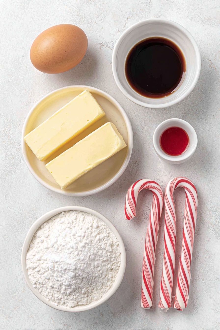 Flat lay of two sticks of salted butter, a small white bowl filled with powdered sugar, one large whole brown egg with a clean shell, a small white bowl holding clear vanilla extract, a small white bowl with peppermint extract, a white ceramic bowl heaped with all-purpose flour, a small white bowl containing vibrant red liquid food coloring, and three fresh unbroken candy canes placed side by side, all arranged symmetrically in balanced proportions, placed on a clean white marble surface, soft natural light, photo taken with an iPhone, professional food photography style, fresh ingredients, white ceramic bowls, no bottles, no duplicates, no utensils, no packaging --ar 2:3 --v 7 --p m7354615311229779997 - Candy Cane Cookies, Candy Cane Cookie Recipe, Festive Holiday Cookies, Peppermint Sugar Cookies, Christmas Cookie Ideas