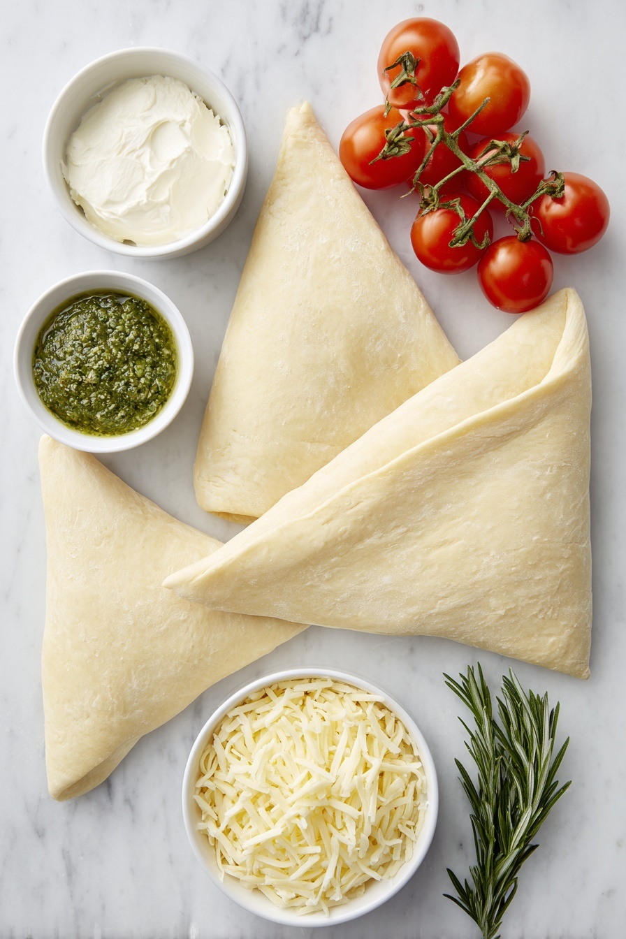 Flat lay of two unrolled sheets of pale crescent roll dough triangles, a small white ceramic bowl with softened cream cheese, a small white ceramic bowl filled with shredded white mozzarella cheese, a small white ceramic bowl holding bright green basil pesto, fresh green rosemary sprigs, and a handful of glossy red cherry tomatoes, all arranged in balanced symmetry on a clean white marble surface, soft natural light, photo taken with an iPhone, professional food photography style, fresh ingredients, white ceramic bowls, no bottles, no duplicates, no utensils, no packaging --ar 2:3 --v 7 --p m7354615311229779997 - Cheesy Pesto Wreath, pesto appetizer, cheese and pesto pastry, holiday appetizer ideas, savory pastry wreath