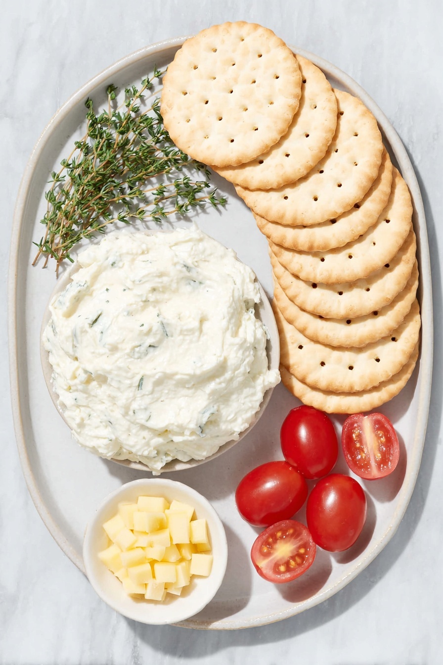 Flat lay of a neat stack of round rice crackers, a small mound of smooth whipped cream cheese on a simple white ceramic plate, several small sprigs of fresh dill arranged neatly on a white ceramic dish, a single bright yellow bell pepper sliced into tiny rectangular dices in a small white bowl, and six shiny red cherry tomatoes with one halved displayed beside them, all placed on a clean white marble surface, soft natural light, photo taken with an iPhone, professional food photography style, fresh ingredients, white ceramic bowls, no bottles, no duplicates, no utensils, no packaging --ar 2:3 --v 7 --p m7354615311229779997 - Christmas Ornament Appetizer Bites, holiday appetizer ideas, festive finger foods, easy holiday hors d'oeuvres, Christmas party snacks