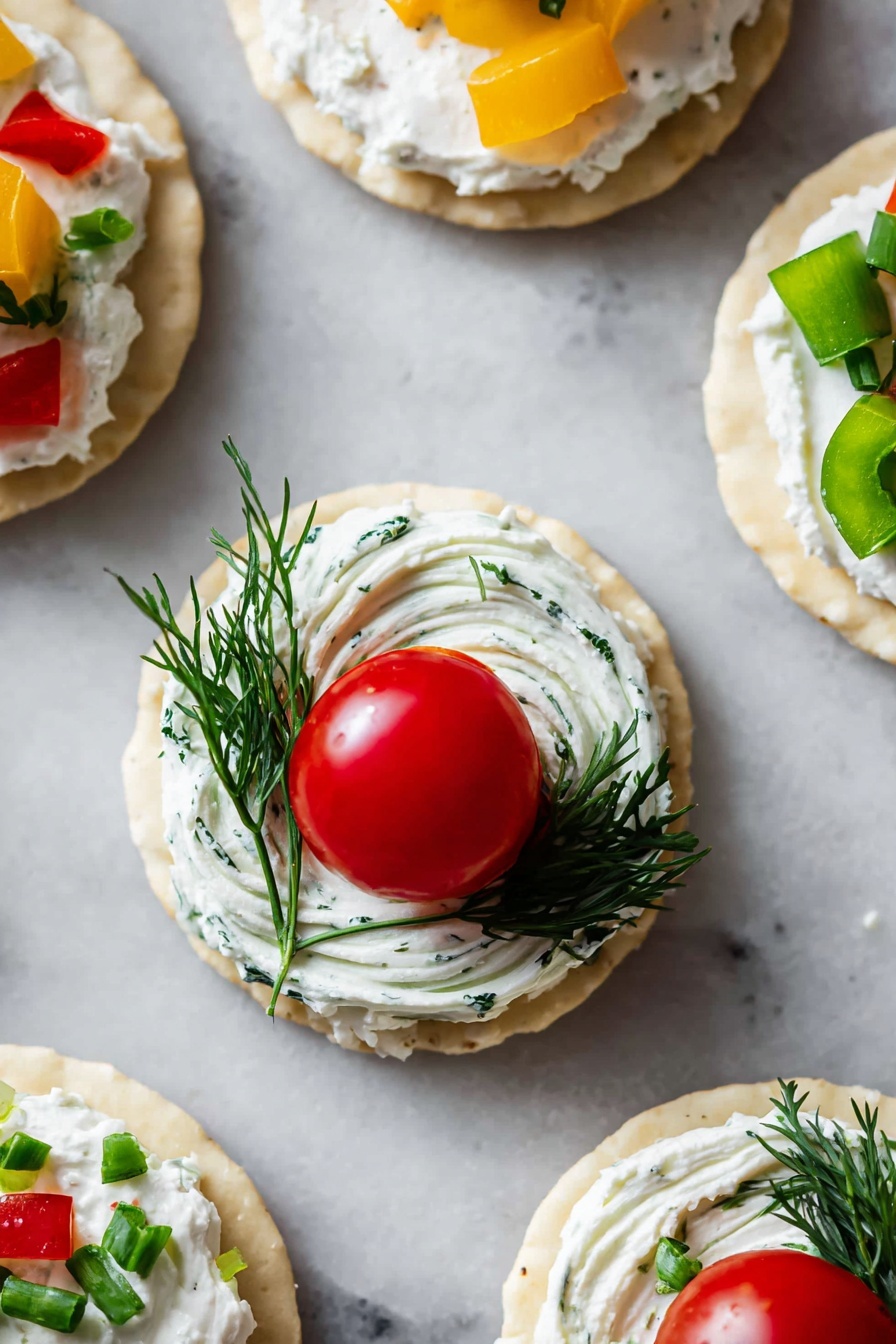 The image shows several small round crackers on a white marbled surface, each topped with different fresh toppings. The central cracker has a base layer of white cream cheese swirled in a circular pattern, decorated with green dill sprigs around the edges, and topped with a shiny whole small red tomato accented with a tiny piece of yellow pepper. Around it, other crackers display similar layers with swirled or square patches of white cream cheese, garnished with green herbs like parsley and chives, and small pieces of red and green peppers. The overall look is colorful, fresh, and neatly arranged. photo taken with an iphone --ar 2:3 --v 7 - Christmas Ornament Appetizer Bites, holiday appetizer ideas, festive finger foods, easy holiday hors d'oeuvres, Christmas party snacks