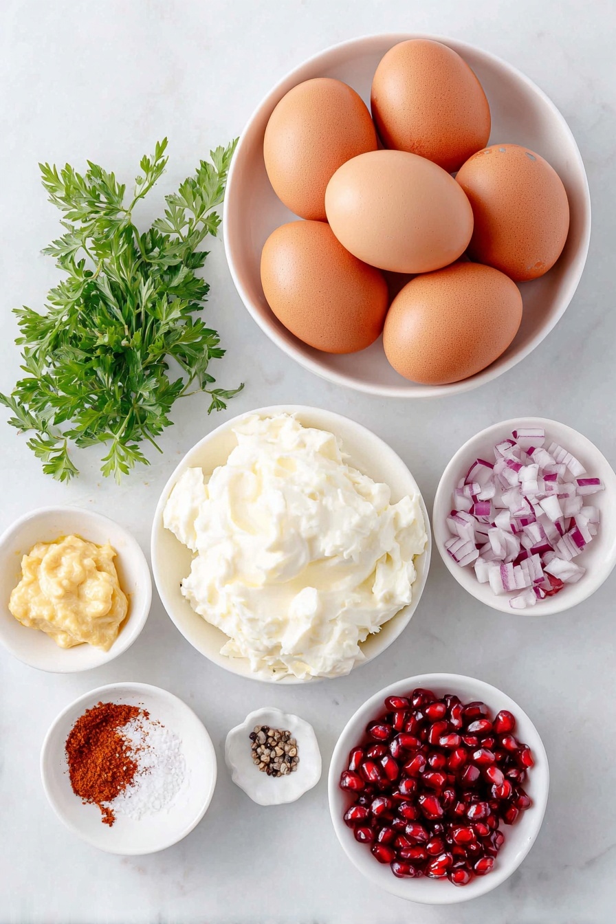 Flat lay of six whole uncracked brown eggs, a small white ceramic bowl of creamy mayonnaise, a small white bowl of vibrant minced dill pickles, a small white bowl of finely diced purple-red onion, a small white bowl with a heap of golden yellow dijon mustard, a small white bowl containing bright red pomegranate seeds, a small white bowl of deep red paprika powder, a small white bowl of coarse black pepper, a small white bowl of white salt crystals, and a few fresh green parsley sprigs arranged symmetrically, all placed on a clean white marble surface, soft natural light, photo taken with an iPhone, professional food photography style, fresh ingredients, white ceramic bowls, no bottles, no duplicates, no utensils, no packaging --ar 2:3 --v 7 --p m7354615311229779997 - Christmas Deviled Eggs, Christmas Deviled Eggs Recipe, holiday appetizer ideas, festive deviled eggs, easy Christmas party snacks