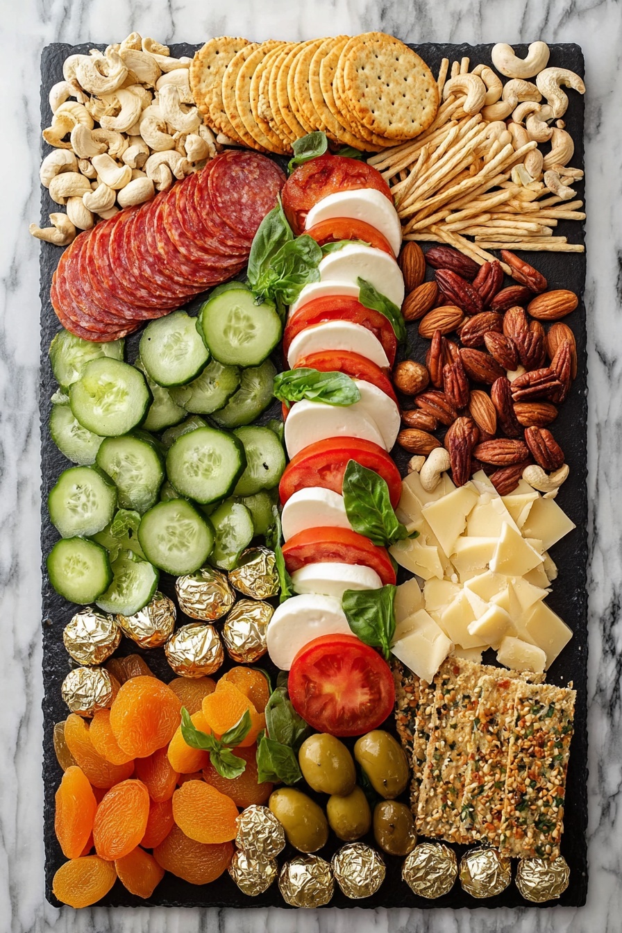 A rectangular black board holds a colorful charcuterie arrangement on a white marbled surface. On the left side, there are layers of green cucumber slices with smooth textures and darker edges. Above the cucumbers are folded red and white slices of salami. Moving to the center, a cluster of green olives is surrounded by round, golden-brown crackers stacked in a small pile. Toward the top right, slices of fresh mozzarella and bright red tomato alternate in three vertical lines, each pair separated by small green basil leaves with a soft texture. On the bottom left, there are cubes of yellow and pale cheese mixed with scattered nuts like almonds and cashews. Finally, the right edge has several orange dried apricot slices, green leafy herbs, and thin brown pretzels with a slightly shiny surface. Small metallic gold and silver balls are placed across the board for decoration photo taken with an iphone --ar 2:3 --v 7 - Christmas Charcuterie Board, festive holiday charcuterie, Christmas appetizer platter, easy holiday cheese board, Christmas party finger foods