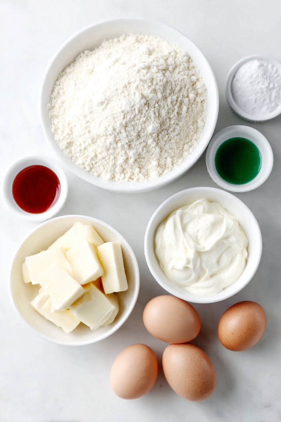 Flat lay of a medium white ceramic bowl filled with finely ground almond flour, a small white ceramic bowl with powdered sugar, three whole large eggs with clean shells, a small white ceramic bowl containing granulated sugar, three small white ceramic bowls each holding vivid red, green, and white gel food coloring, a medium white ceramic bowl with softened unsalted butter, a small white ceramic bowl of heavy cream, a small white ceramic bowl with vanilla extract, placed on a clean white marble surface, soft natural light, photo taken with an iPhone, professional food photography style, fresh ingredients, white ceramic bowls, no bottles, no duplicates, no utensils, no packaging --ar 2:3 --v 7 --p m7354615311229779997 - Festive Christmas Macarons, Christmas macarons recipe, holiday macarons, Christmas dessert ideas, festive treat recipes