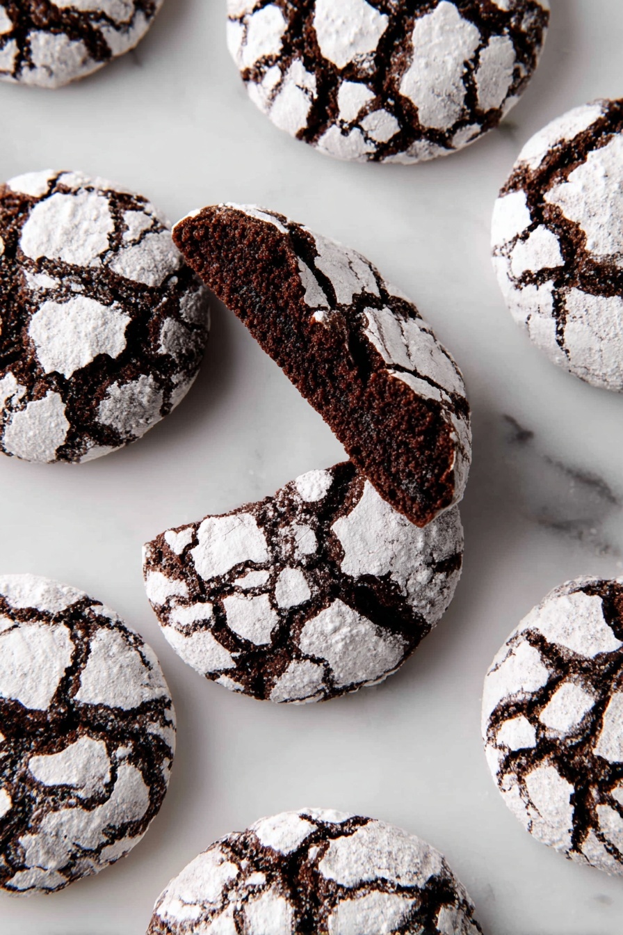 The image shows eight dark brown chocolate cookies with a cracked surface covered in a layer of white powdered sugar, creating a web-like pattern across each cookie. One cookie is split in half, revealing a dense, soft texture inside that contrasts with the dry powdered sugar outside. The cookies are placed on a smooth white marbled surface, scattered in a casual, slightly overlapping arrangement. Photo taken with an iphone --ar 2:3 --v 7 - Chocolate Crinkle Cookies, fudgy cookie recipe, crackly sugar cookies, easy chocolate cookies, chewy chocolate cookies