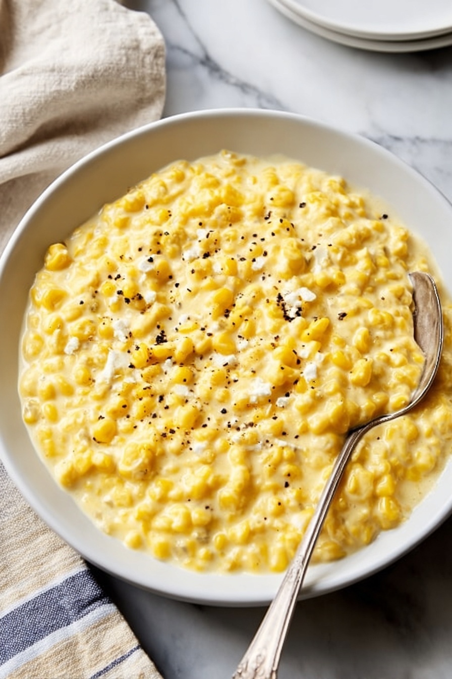 A white bowl filled with creamy yellow corn with small pieces of white cheese mixed in, creating a soft, thick texture. The surface is sprinkled with small black pepper flakes, adding contrast to the smooth creamy mixture. A vintage silver spoon rests inside the bowl, angled from the top right towards the center. The bowl sits on a white marbled surface, with a folded beige and blue striped cloth partially visible at the top left corner. Photo taken with an iphone --ar 2:3 --v 7 - Creamed Corn with Parmesan, Creamed Corn with Parmesan recipe, cheesy creamed corn side dish, easy creamed corn with Parmesan, savory creamed corn recipe