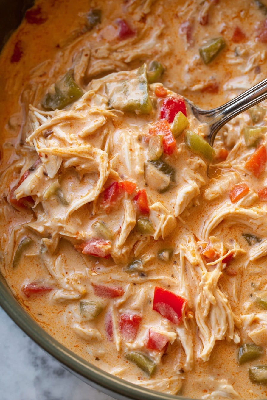 The image shows a close-up of a creamy dish with shredded white meat mixed with small chunks of red, orange, and green vegetables like bell peppers and celery, all covered in a thick light orange sauce with a smooth texture. The creamy mixture fills most of the frame, with a metal spoon partially visible scooping some of the mixture from the edge. The background is a white marbled texture. photo taken with an iphone --ar 2:3 --v 7 - Creamy Cajun Chicken Soup, Cajun Chicken Soup, Creamy Chicken Soup, Spicy Cajun Soup, Easy Cajun Soup