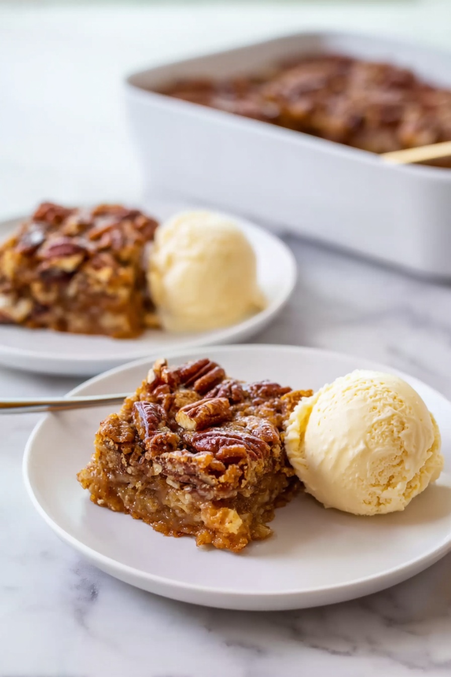 The image shows two servings of a dessert on white plates set on a white marbled surface. Each serving has two main layers: a square piece of pecan dessert with a crumbly, nutty texture and a rich brown color on top, and a scoop of creamy pale yellow ice cream beside it. In the background, there is a white baking dish with more pecan dessert inside, slightly blurred. The overall look is warm and inviting, showing contrast between the rough texture of the dessert and the smooth ice cream. Photo taken with an iphone --ar 2:3 --v 7 - Pumpkin Dump Cake with Pecans, pumpkin dump cake, fall dessert recipes, easy pumpkin dessert, pecan cake recipe