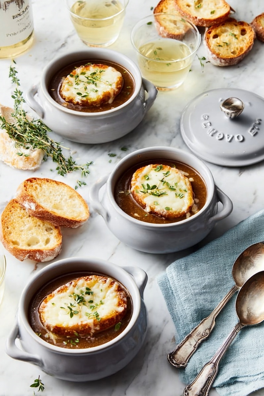 The image shows three white small round ceramic pots filled with a thick brown soup, each topped with a round toasted slice of bread covered by melted cheese and garnished with green herb sprigs. The pots are placed on a white marbled surface with two pot lids nearby, one opened and one closed. Around the pots, there are several slices of toasted bread, two clear glasses filled with a light yellow drink, two silver spoons, and a light blue cloth napkin. The scene is bright and clean, with a casual yet elegant feel. Photo taken with an iphone --ar 2:3 --v 7 - French Onion Soup with Baguette Topping, caramelized onion soup, cheesy baguette toast, comfort food recipes, easy French onion soup