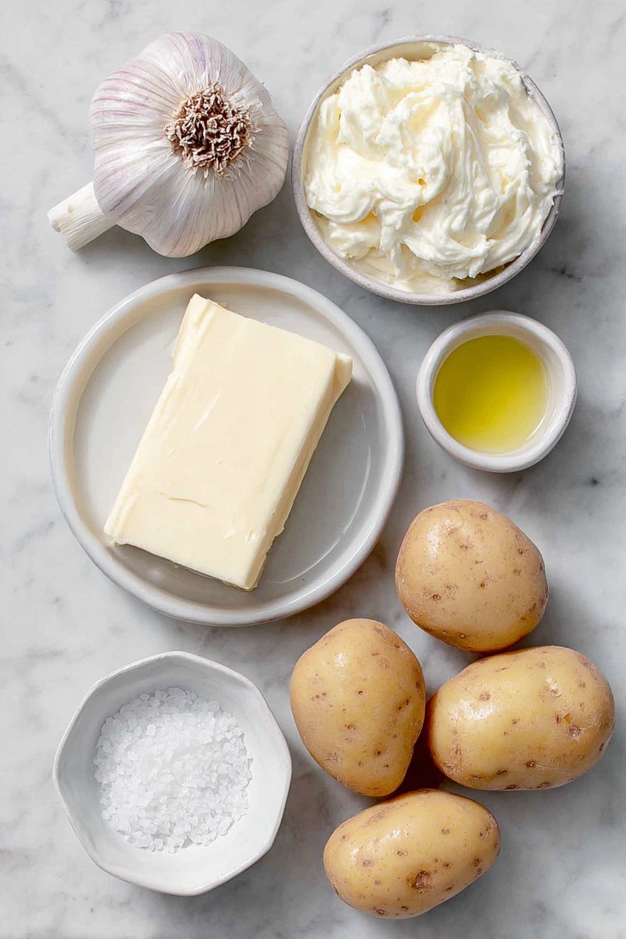 Flat lay of a whole unpeeled head of garlic with exposed cloves, a few golden Yukon Gold potatoes whole and uncut, a small white ceramic bowl of rich golden butter, a small white ceramic bowl of smooth heavy cream, a small white ceramic bowl with a drizzle of extra virgin olive oil, and a small white ceramic bowl of coarse sea salt, all arranged symmetrically on a clean white marble surface, soft natural light, photo taken with an iPhone, professional food photography style, fresh ingredients, white ceramic bowls, no bottles, no duplicates, no utensils, no packaging --ar 2:3 --v 7 --p m7354615311229779997 - Garlic Mashed Potatoes, roasted garlic mashed potatoes, creamy mashed potatoes, easy garlic mashed potatoes, Yukon Gold mashed potatoes