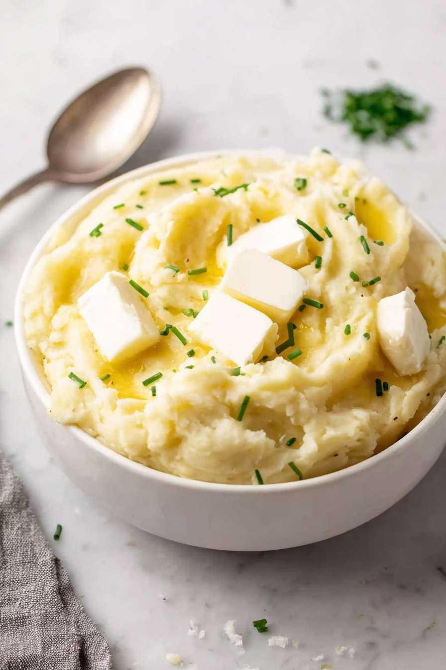 A white bowl filled with creamy mashed potatoes that have a light yellow color, topped with a small melting piece of butter in the center. Bright green chopped chives are sprinkled on top, and some black pepper dots are scattered across the surface. A silver spoon rests inside the bowl on the right side. The bowl is placed on a white marbled surface with some garlic cloves and a white cloth nearby. photo taken with an iphone --ar 2:3 --v 7 - Garlic Mashed Potatoes, roasted garlic mashed potatoes, creamy mashed potatoes, easy garlic mashed potatoes, Yukon Gold mashed potatoes