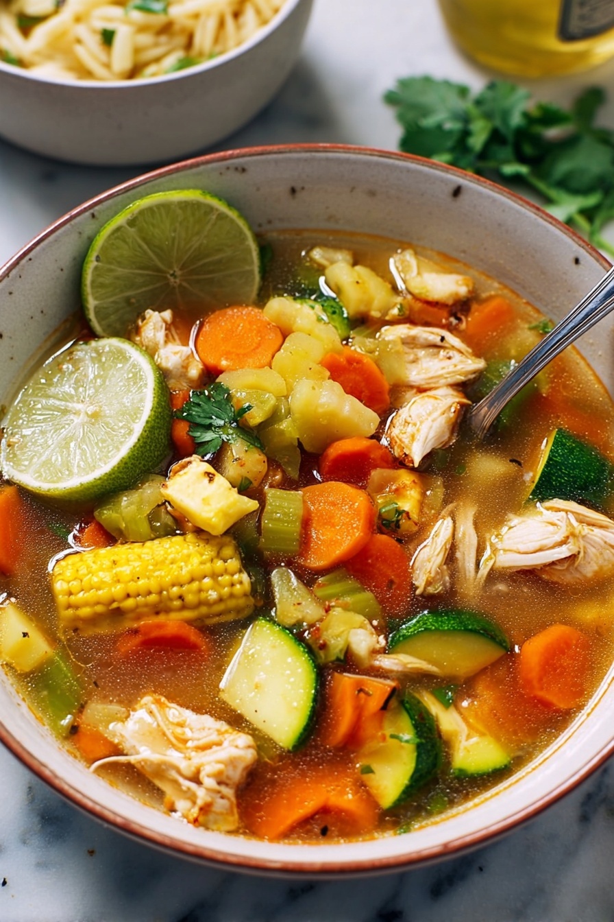 The image shows two white bowls filled with chicken soup placed on a white marbled surface. Each bowl has a rich broth with visible chunks of shredded chicken, bright orange carrot slices, green zucchini pieces, and a small yellow corn cob segment floating on top. On one bowl, a lime wedge is placed on the edge, garnished with sprigs of fresh parsley. A metal spoon rests inside the other bowl. To the left side on the surface, there is a small white bowl filled with reddish-orange rice and a whole lime halved beside it. A bottle of hot sauce with a red cap and colorful label sits nearby, along with additional lime wedges and parsley stems scattered around. photo taken with an iphone --ar 2:3 --v 7 - Delicious Chicken Soup, hearty chicken soup, healthy chicken soup recipe, veggie-packed chicken broth, comforting chicken soup