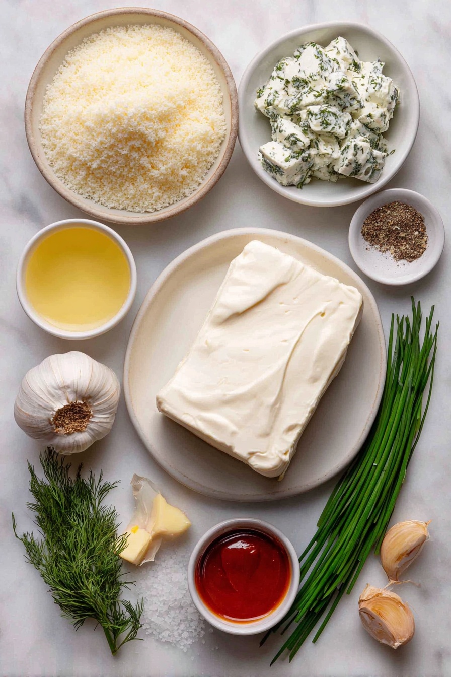 Flat lay of panko bread crumbs in a small white ceramic bowl, a pat of natural butter, a mound of smooth sour cream on a white plate, a piece of softened cream cheese on a simple white dish, ranch seasoning herbs sprinkled loosely on white ceramic, a small white bowl with pale yellow lemon juice, a small white bowl with clear dill pickle juice, chopped dill pickles arranged neatly on a white plate, two whole garlic cloves with papery skin intact, fresh green chives and dill sprigs on a white rectangular dish, salt and pepper grains scattered artistically in tiny piles on the white surface, a few drops of bright red hot sauce in a small white ceramic bowl placed symmetrically, placed on a clean white marble surface, soft natural light, photo taken with an iPhone, professional food photography style, fresh ingredients, white ceramic bowls, no bottles, no duplicates, no utensils, no packaging --ar 2:3 --v 7 --p m7354615311229779997 - Fried Pickle Dip, fried pickle dip recipe, easiest fried pickle dip, creamy crunchy pickle dip, party dip with pickles
