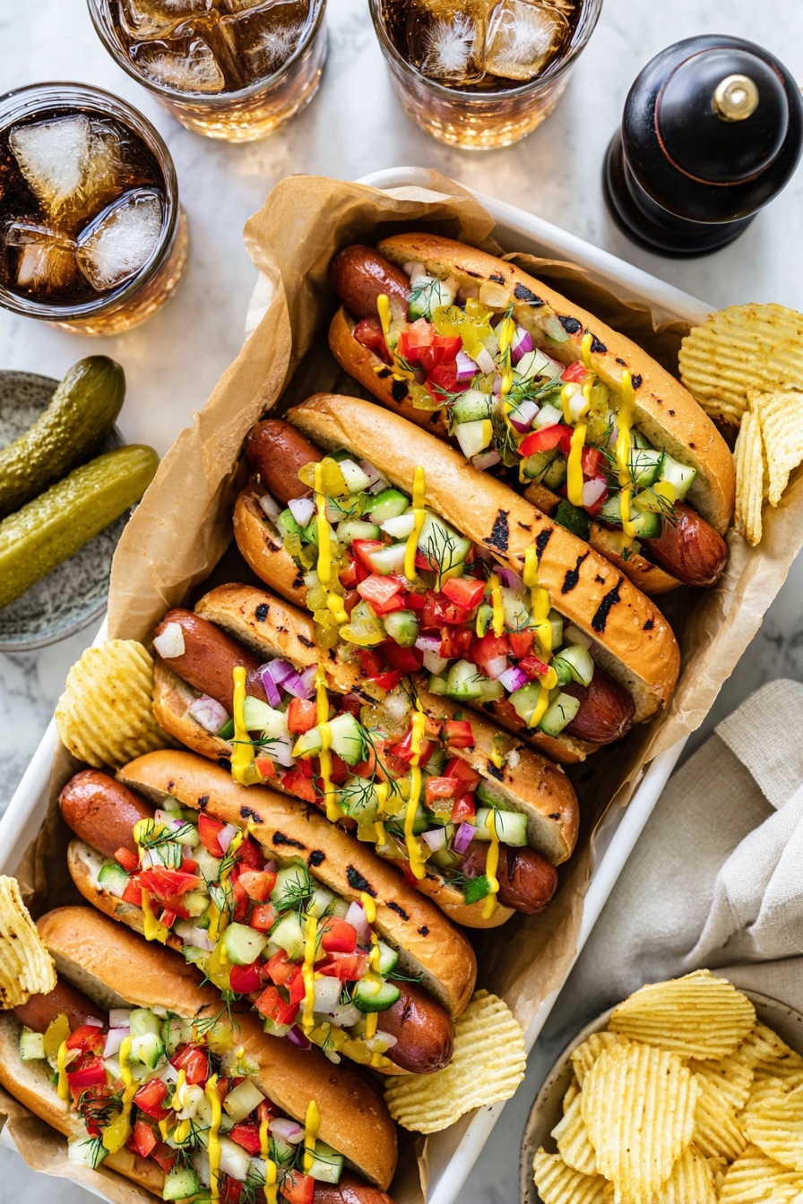 Several grilled hot dogs are arranged in a white tray lined with brown paper. Each hot dog is placed in a light golden toasted bun with grill marks visible on the sides. The hot dogs are topped with colorful diced vegetables including red, green, and yellow bell peppers, cucumber, and red onions. Mustard is drizzled lightly on most of the hot dogs. The tray also contains some ridged potato chips scattered around the hot dogs. On the white marbled surface next to the tray, two whole pickles and a glass of cola with ice cubes are visible, along with a dark pepper grinder and a beige cloth napkin. Photo taken with an iphone --ar 2:3 --v 7 - Pickle de Gallo, Pickle de Gallo recipe, tangy pickle topping, fresh salsa variation, crunchy pickle condiment