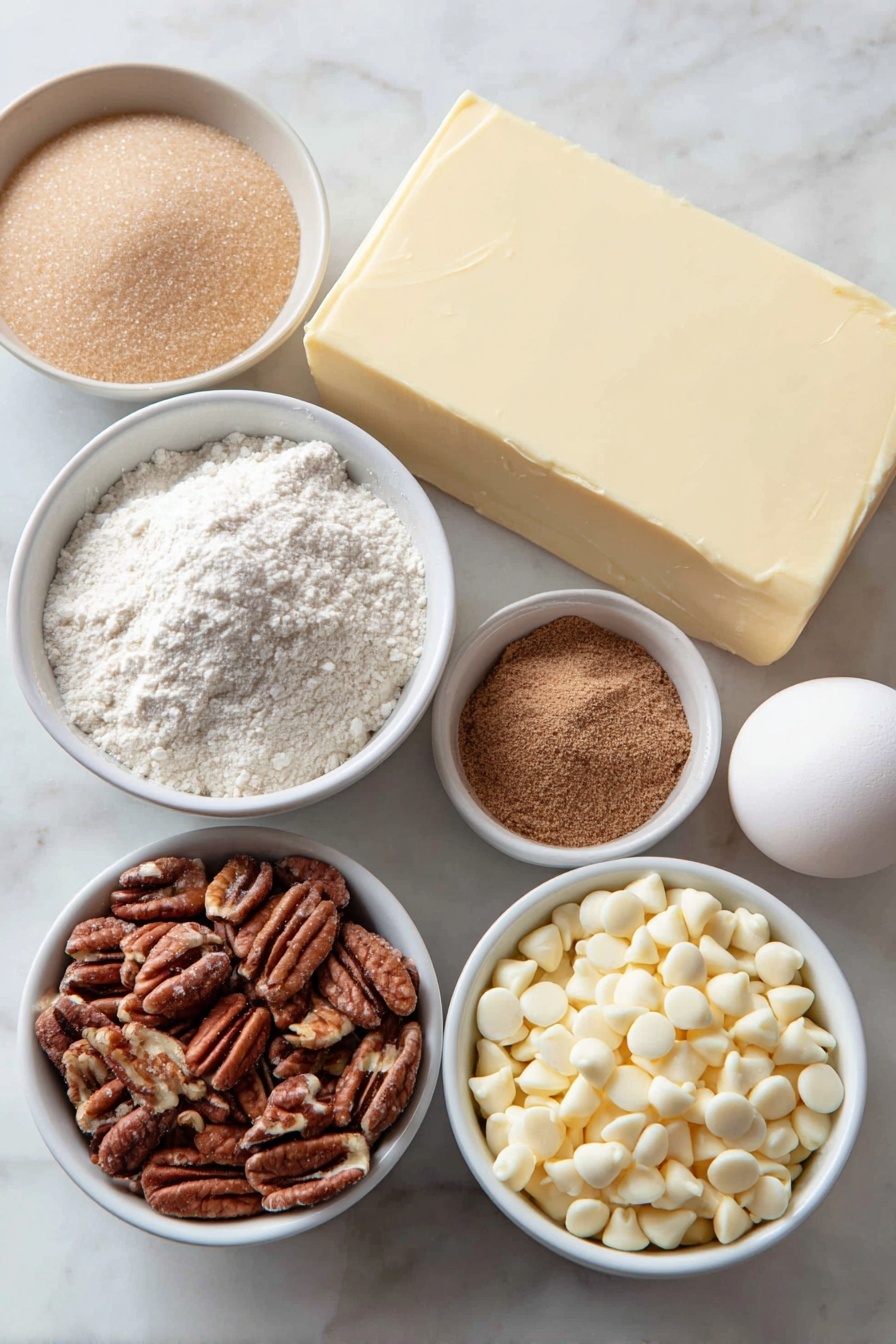 Flat lay of a small mound of granulated white sugar, a small white ceramic bowl filled with creamy orange pumpkin purée, a whole unwrapped slab of pale yellow unsalted butter, a small white ceramic bowl of smooth light brown pumpkin pie spice powder, a small white ceramic bowl with glossy white mini marshmallows, a small white ceramic bowl of finely chopped light brown pecans, a small white ceramic bowl holding thick creamy evaporated milk, an uncracked whole white egg, and a small white ceramic bowl filled with smooth white chocolate chips, all arranged in symmetrical balance with perfect natural lighting, placed on a clean white marble surface, soft natural light, photo taken with an iPhone, professional food photography style, fresh ingredients, white ceramic bowls, no bottles, no duplicates, no utensils, no packaging --ar 2:3 --v 7 --p m7354615311229779997 - Pumpkin White Chocolate Fudge, Pumpkin White Chocolate Fudge Recipe, Fall Fudge Recipes, Easy Pumpkin Fudge, White Chocolate Pumpkin Treats