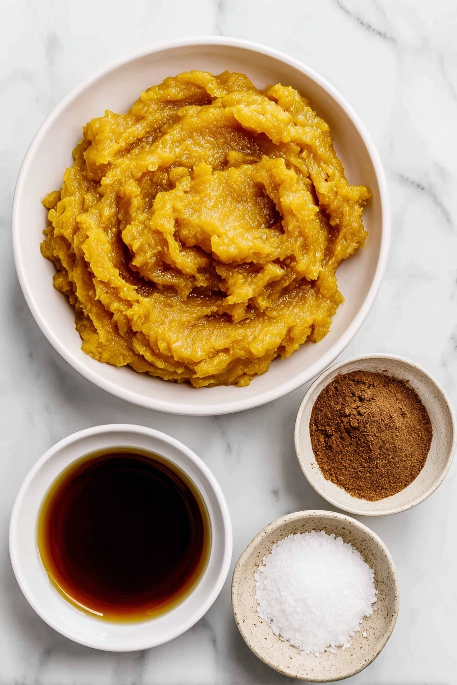Flat lay of two small white ceramic bowls, one filled with bright orange pumpkin puree, the other containing amber maple syrup, a small white bowl of golden apple cider, a small white bowl holding a dark brown cinnamon powder, a small white bowl with warm brown pumpkin pie spice, and a small white bowl with coarse kosher salt, all arranged in perfect symmetry on a clean white marble surface, soft natural light, photo taken with an iPhone, professional food photography style, fresh ingredients, white ceramic bowls, no bottles, no duplicates, no utensils, no packaging --ar 2:3 --v 7 --p m7354615311229779997 - Spiced Pumpkin Butter, Pumpkin Butter, Fall Flavored Spreads, Homemade Pumpkin Spread, Cozy Pumpkin Recipes