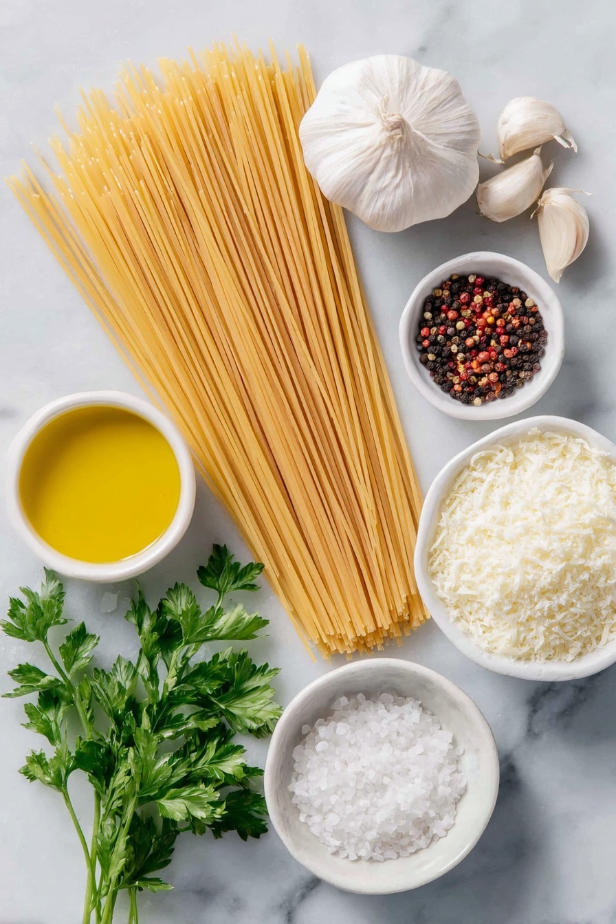 Flat lay of a small pile of uncooked spaghetti strands neatly arranged, a whole bulb of garlic with some cloves peeled and thinly sliced, a few whole black peppercorns and some crushed red pepper flakes scattered gently, a small white bowl filled with golden olive oil, a small white bowl with finely grated Parmesan cheese, a few fresh sprigs of vibrant Italian parsley, a small white bowl containing freshly squeezed lemon juice, a small white bowl with clear pasta water, and a small pile of coarse sea salt crystals all placed symmetrically on a clean white marble surface, soft natural light, photo taken with an iPhone, professional food photography style, fresh ingredients, white ceramic bowls, no bottles, no duplicates, no utensils, no packaging --ar 2:3 --v 7 --p m7354615311229779997 - Garlic Oil Spaghetti, garlic pasta recipe, quick Italian pasta, easy garlic spaghetti, flavorful garlic pasta
