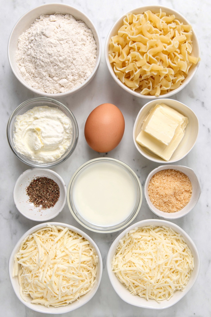 Flat lay of uncooked elbow macaroni scattered naturally, a small white ceramic bowl of pale yellow butter, a small white ceramic bowl filled with fine all-purpose flour, one whole uncracked brown egg, a small white ceramic bowl with coarse white salt crystals, a small white ceramic bowl containing freshly ground black pepper, a small white ceramic bowl with light beige garlic powder, a small white ceramic bowl filled with creamy milk, a small white ceramic bowl holding smooth half and half, a small white ceramic bowl heaped with shredded sharp white cheddar cheese, a small white ceramic bowl with shredded golden Gruyere cheese, a small white ceramic bowl with delicate shredded parmesan cheese, a small white ceramic bowl containing clear white truffle oil, a small white ceramic bowl filled with golden breadcrumbs, and a small white ceramic bowl of melted butter, all symmetrically arranged in perfect proportions on a clean white marble surface, soft natural light, photo taken with an iPhone, professional food photography style, fresh ingredients, white ceramic bowls, no bottles, no duplicates, no utensils, no packaging --ar 2:3 --v 7 --p m7354615311229779997 - Truffle Mac and Cheese, gourmet mac and cheese, easy truffle pasta, creamy mac and cheese with truffle oil, luxury comfort food