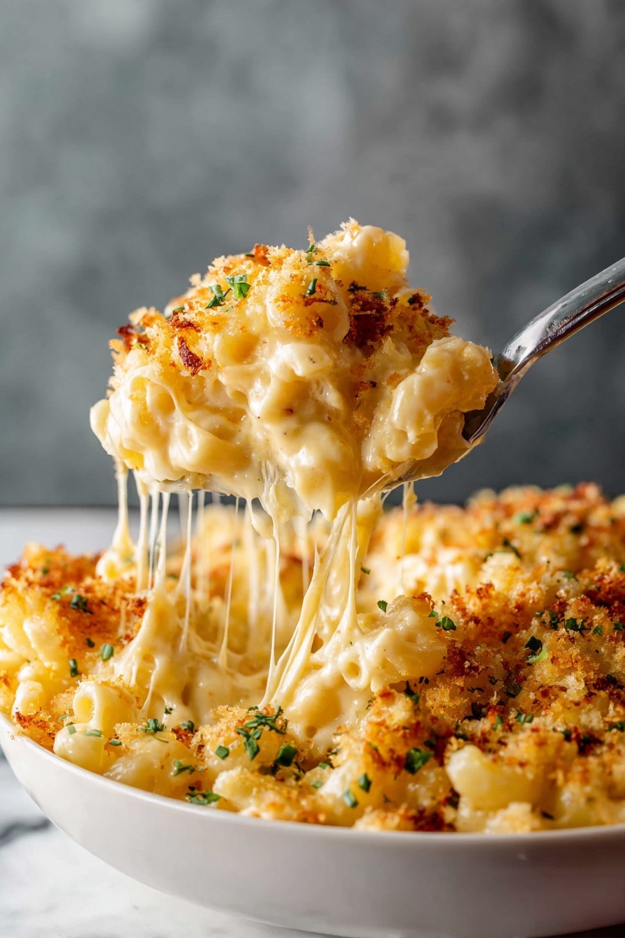 The image shows a close-up of a white bowl filled with creamy mac and cheese, lifted by a metal spoon. The dish has three visible layers: a bottom layer of soft pasta coated in a smooth, light yellow cheese sauce, a middle layer with gooey melted cheese stretching as the spoon lifts a portion, and a top layer of golden, crispy breadcrumbs sprinkled with small green herb pieces. The cheese sauce looks thick and creamy, with a shiny texture, and the breadcrumbs appear crunchy with browned spots. The bowl sits on a white marbled surface with a blurred neutral gray background. Photo taken with an iphone --ar 2:3 --v 7 - Lobster Mac and Cheese, gourmet mac and cheese with lobster, cheesy lobster pasta, luxurious seafood mac and cheese, easy lobster mac and cheese recipe