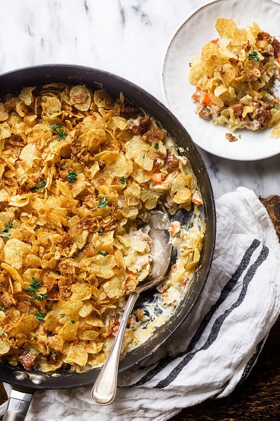 A black round pan filled with a layered dish that has a top layer made of crunched golden-yellow potato chips scattered unevenly, with small green herb sprigs spread on top. Underneath the chips, there are pieces of browned meat and soft cooked vegetables like light orange carrots, creating a mixed texture of crispy and soft elements. A large silver spoon rests inside the pan, showing some of the filling. Next to the pan on a white marbled surface, there is a clear glass with light-colored liquid. photo taken with an iphone --ar 2:3 --v 7 - Homemade Chicken Noodle Casserole, comforting chicken casserole, hearty noodle bakes, easy chicken casserole recipe, crispy topping casserole