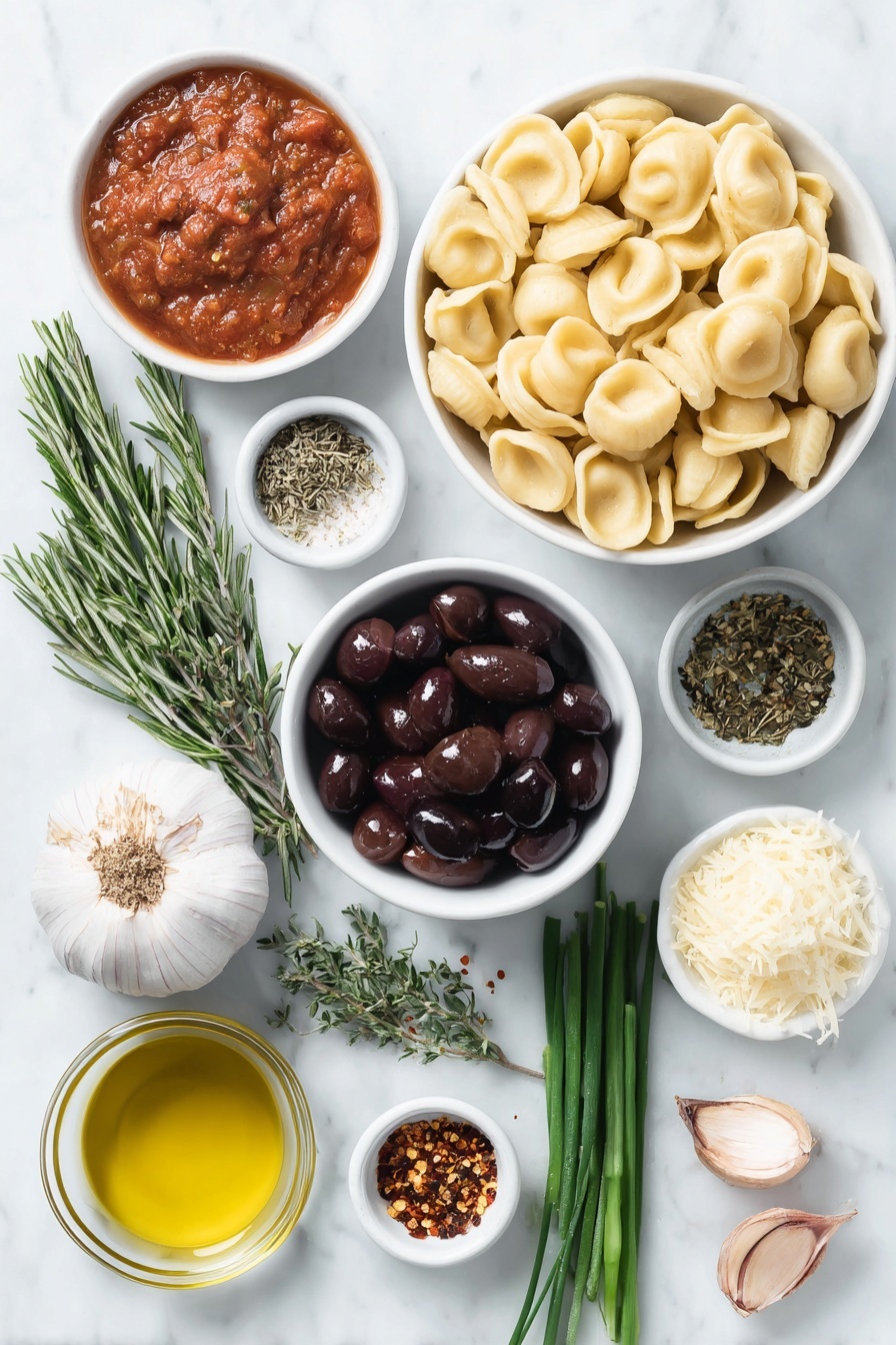 Flat lay of fresh uncooked orecchiette pasta, a small white ceramic bowl of rinsed chickpeas, a small white ceramic bowl of pitted Kalamata olives, a small white ceramic bowl with vibrant red tomato paste, two whole garlic cloves with skins, two fresh rosemary sprigs, a small white ceramic bowl with red pepper flakes, a small white ceramic bowl of coarse kosher salt, a small white ceramic bowl of cracked black pepper, a small white ceramic bowl of golden olive oil, a small white ceramic bowl of grated Parmesan cheese, a small handful of fresh baby arugula leaves, a small white ceramic bowl of halved cherry tomatoes, and a few fresh chive stalks arranged with perfect symmetry, all placed on a clean white marble surface, soft natural light, photo taken with an iPhone, professional food photography style, fresh ingredients, white ceramic bowls, no bottles, no duplicates, no utensils, no packaging --ar 2:3 --v 7 --p m7354615311229779997 - One Pan Orecchiette with Chickpeas and Tomatoes, easy vegetarian dinner, quick weeknight meal, healthy pasta skillet, Mediterranean chickpea pasta