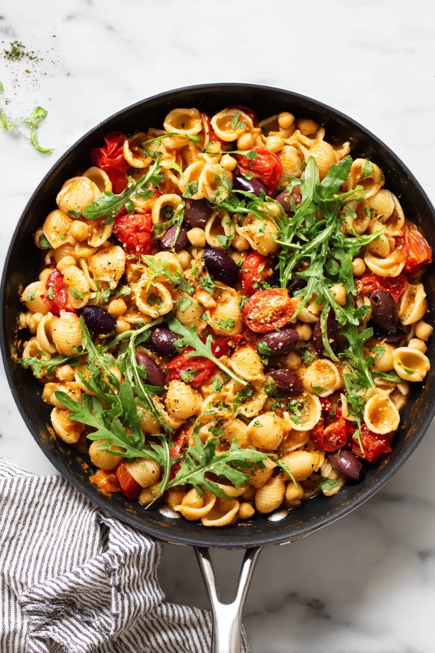 A black pan filled with a colorful pasta dish, showing around three layers: the base layer is small shell pasta in a light orange sauce, mixed with dark purple olives scattered around; the middle layer has bright red halved cherry tomatoes and pale yellow chickpeas spread evenly; the top layer features fresh green arugula leaves scattered loosely over the dish, with a light sprinkle of herbs or seasoning on top, all set on a white marbled surface with a striped cloth nearby photo taken with an iphone --ar 2:3 --v 7 - One Pan Orecchiette with Chickpeas and Tomatoes, easy vegetarian dinner, quick weeknight meal, healthy pasta skillet, Mediterranean chickpea pasta