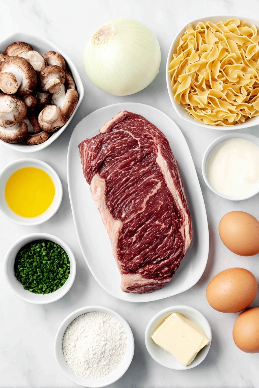 Flat lay of a fresh whole boneless rib eye steak, a large sliced yellow onion, a small pile of thick-sliced brown mushrooms, a few pats of golden butter on a white ceramic plate, a small mound of plain white flour on a white ceramic dish, a small white bowl filled with rich beef broth, a small white bowl of smooth sour cream, a small white bowl containing golden vegetable oil, a small white bowl with bright yellow Dijon mustard, two whole brown eggs with uncracked clean shells, a portion of uncooked short egg noodles neatly arranged, and a small pile of finely chopped fresh green chives, all arranged in perfect symmetry on a simple white ceramic surface, placed on a clean white marble surface, soft natural light, photo taken with an iPhone, professional food photography style, fresh ingredients, white ceramic bowls, no bottles, no duplicates, no utensils, no packaging --ar 2:3 --v 7 --p m7354615311229779997 - Quick Beef Stroganoff with Mushrooms, easy beef stroganoff, creamy mushroom beef dinner, fast weeknight beef recipes, hearty beef mushroom dish