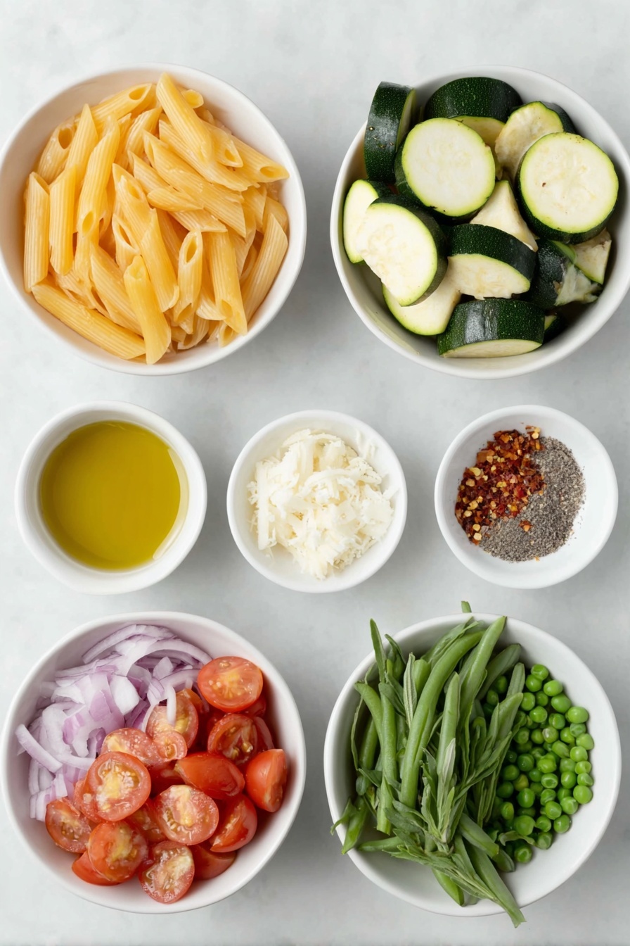 Flat lay of penne pasta arranged neatly, a small white bowl of extra-virgin olive oil, four whole uncracked garlic cloves, a few thin half-moons of yellow squash, thin half-moons of zucchini, chopped asparagus pieces about one inch long, a small white bowl filled with halved cherry tomatoes, thinly sliced red onion neatly fanned out, a small white bowl of sea salt, a small white bowl of thawed green peas, a small white bowl with grated pecorino cheese, a small white bowl of fresh lemon juice, a small white bowl with red pepper flakes, a small pile of fresh basil leaves, a small bunch of fresh tarragon sprigs, and a few grinds of freshly ground black pepper all arranged symmetrically on simple white ceramic dishes placed on a clean white marble surface, soft natural light, photo taken with an iPhone, professional food photography style, fresh ingredients, white ceramic bowls, no bottles, no duplicates, no utensils, no packaging --ar 2:3 --v 7 --p m7354615311229779997 - Vegetable Pasta Primavera, healthy vegetable pasta, spring vegetable pasta dish, easy pasta primavera, colorful vegetable pasta recipe