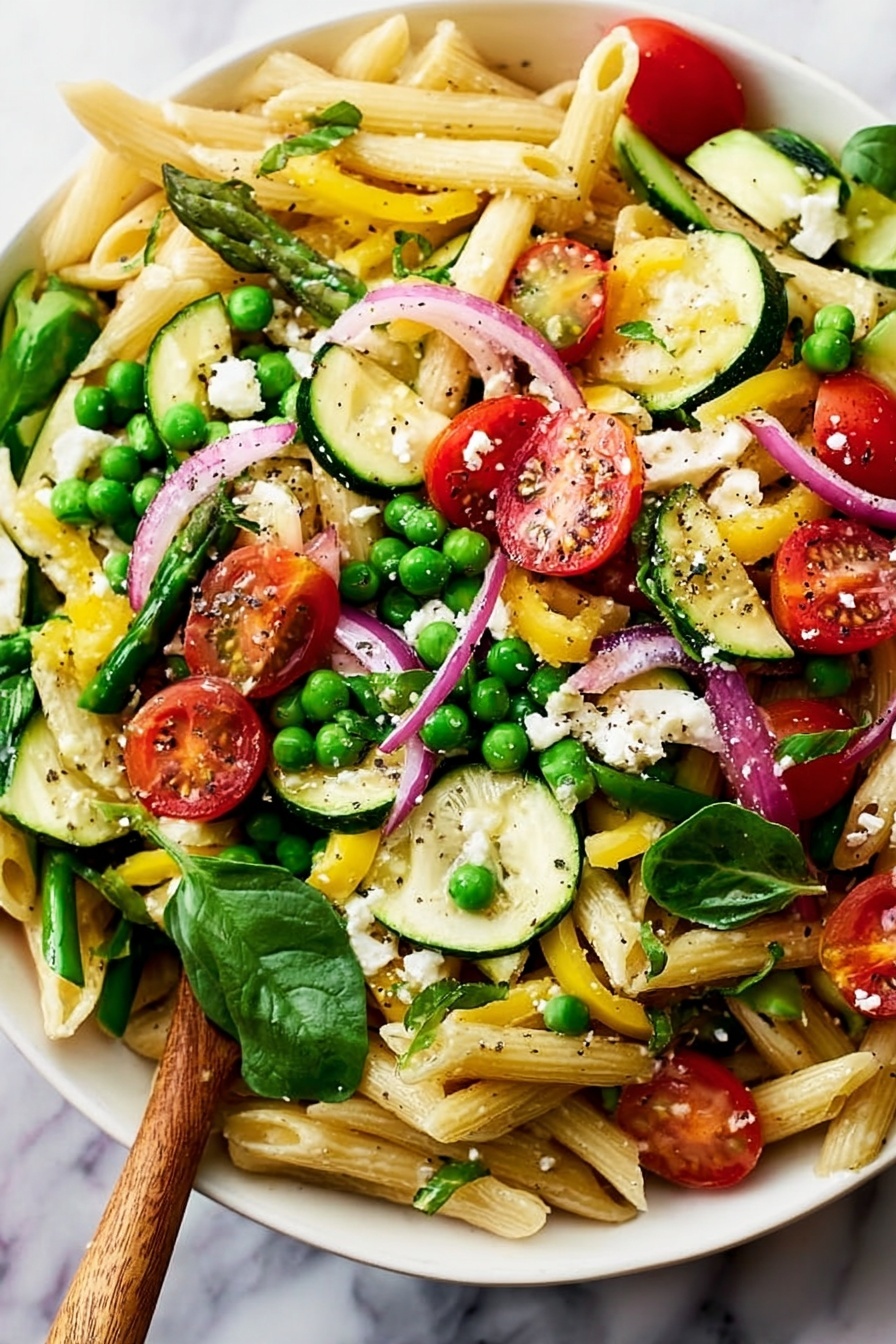 The image shows a white bowl filled with a colorful pasta salad. The salad has three main layers: the bottom layer with white penne pasta, the middle layer with bright green peas, asparagus, and fresh spinach leaves, and the top layer with halved red cherry tomatoes, thin slices of red onion, and yellow zucchini pieces. Small bits of white cheese and cracked black pepper are sprinkled on top. A wooden spoon is partly visible on the left side of the bowl, resting on the pasta. The bowl is placed on a white marbled surface. Photo taken with an iphone --ar 2:3 --v 7 - Vegetable Pasta Primavera, healthy vegetable pasta, spring vegetable pasta dish, easy pasta primavera, colorful vegetable pasta recipe